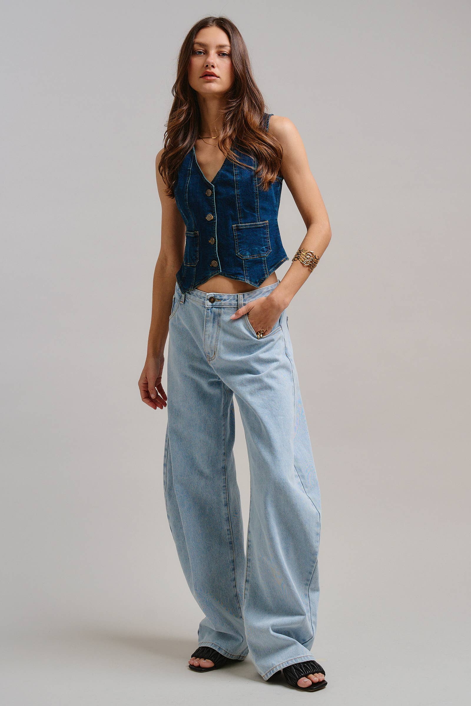 Fitted V-Neck Button-Front Denim Vest