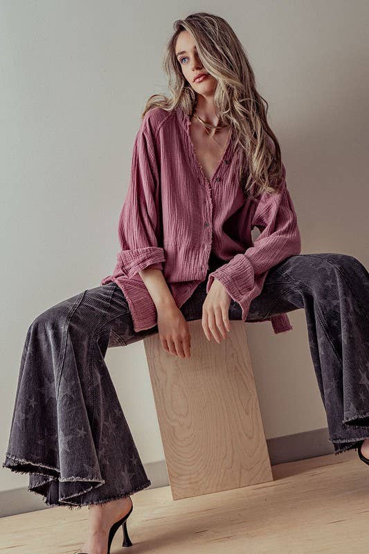 Urban Daizy PREMIUM SOFT FRAYED HEM GAUZE VINTAGE WASHED SHIRT Forest-Green Button Down Shirt - Women's (UDZ-TP-00225) –…