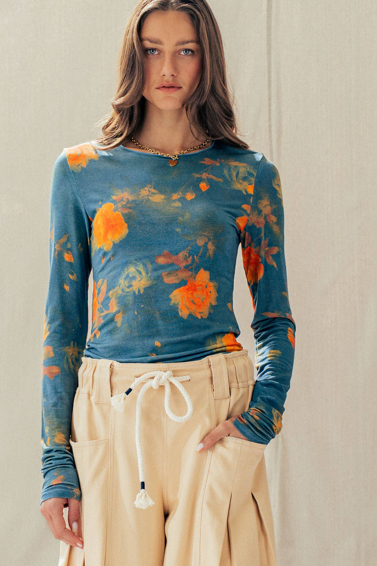 Vintage Floral Long Sleeve Top Tencel Wool Blend