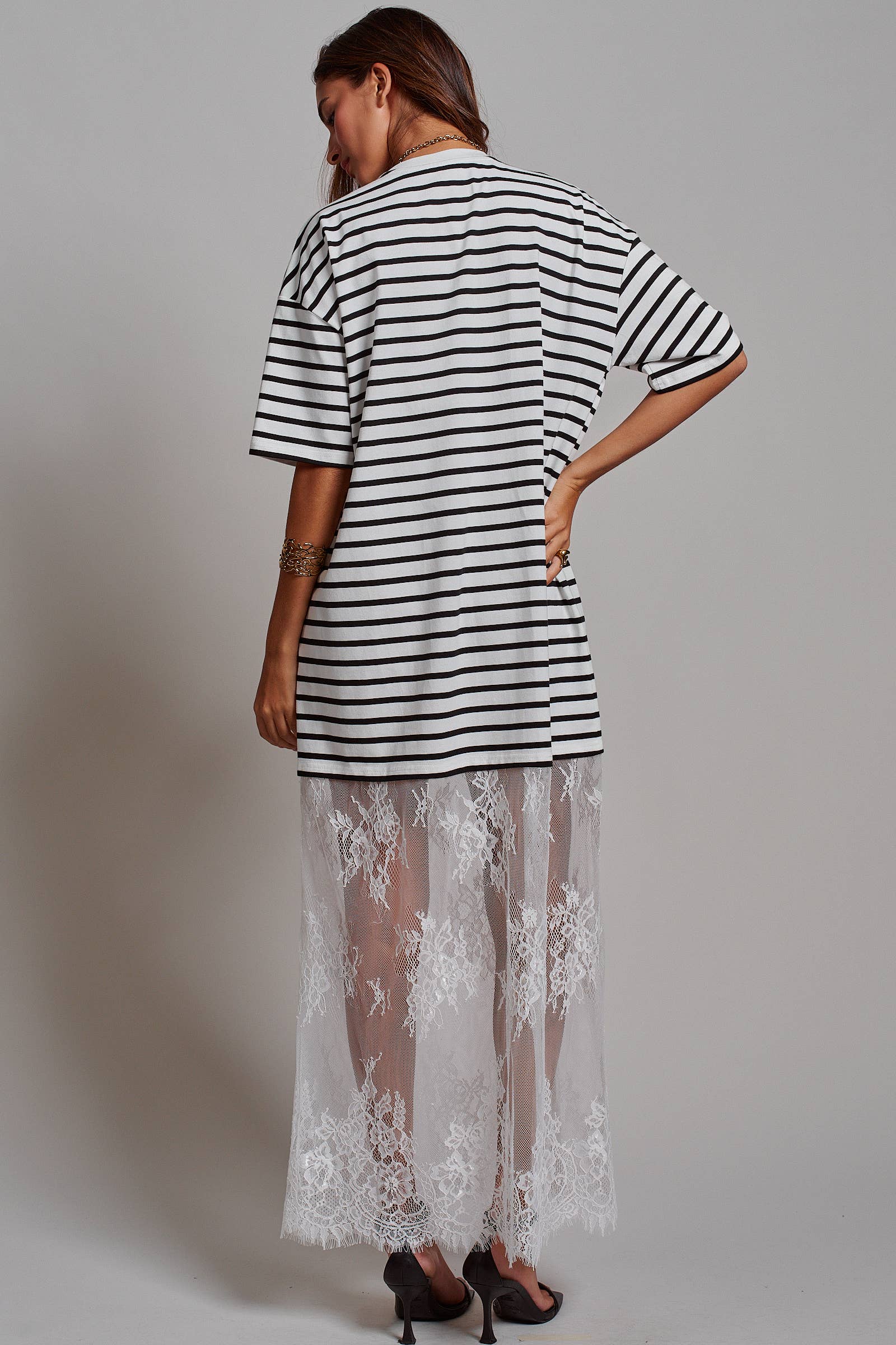 Mixed-Media T-Shirt Dress with Sheer Lace Skirt