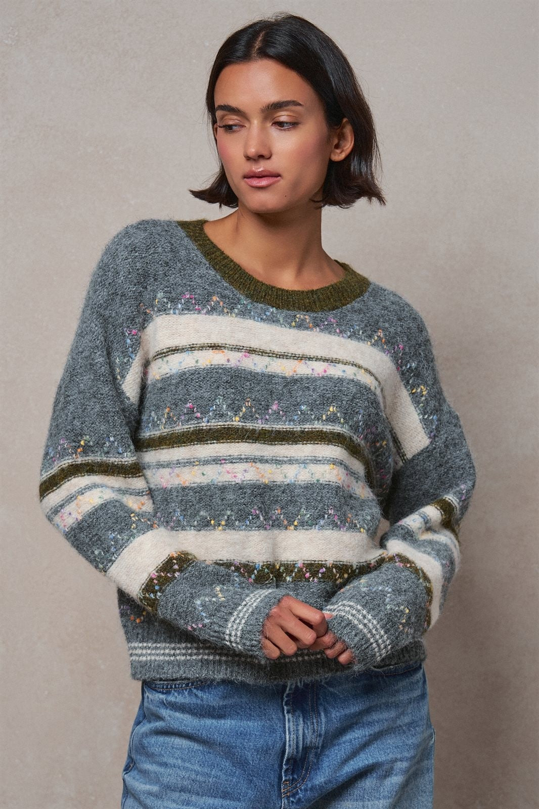 Multicolor Stripe Fair Isle Fuzzy Knit Sweater in GREY - Women's Sweaters | Urban Daizy