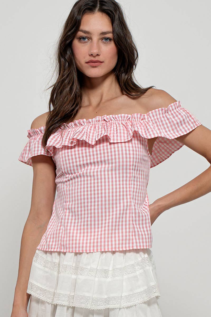 Urban Daizy Gingham Ruffle Off-Shoulder Crop Top Pink Blouse - Women's (UDZ-TP-01034) – alternate view 3