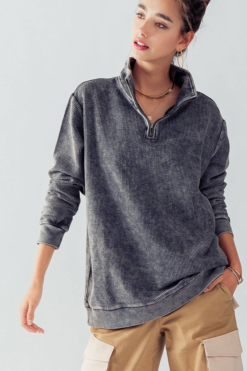 Urban Daizy Vintage Washed Quarter Zip Ribbed Sweatshirt Charcoal Sweatshirt - Women's (UDZ-KN-00255)