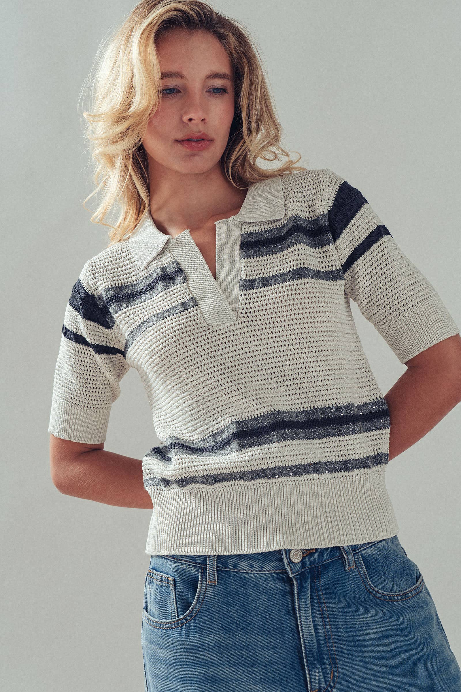 Striped V-Neck Short Sleeve Knit Polo