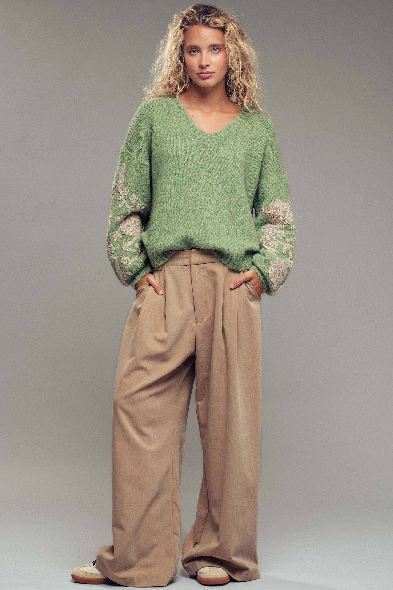 Romantic Floral Embroidered V-Neck Sweater