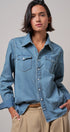 Western Pearl Snap Denim Button-Down Shirt in DENIM BLUE - Women's Shirts & Blouses | Urban Daizy