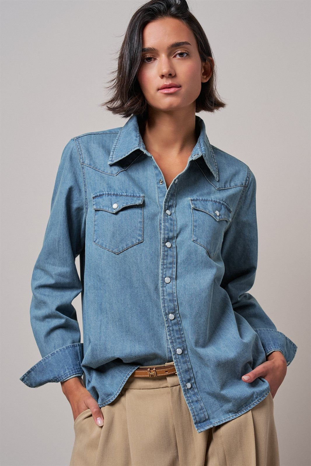 Western Pearl Snap Denim Button-Down Shirt in DENIM BLUE - Women's Shirts & Blouses | Urban Daizy