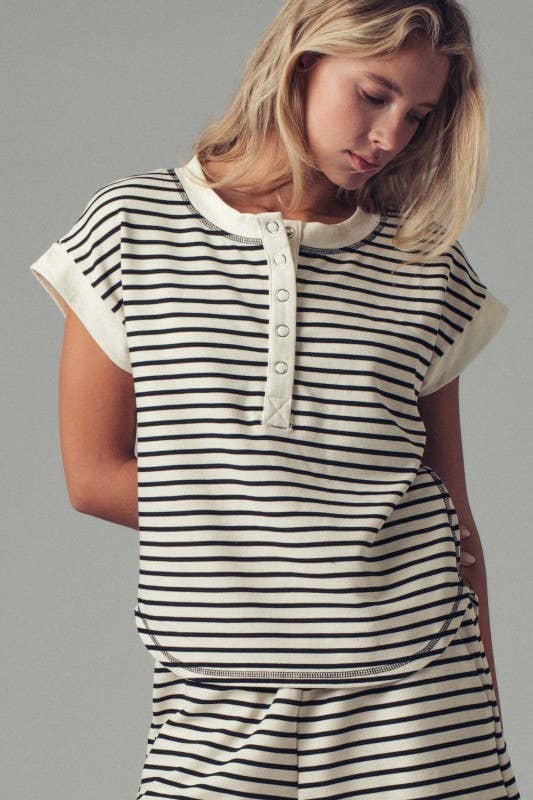 Striped Henley Button-Up Western Top