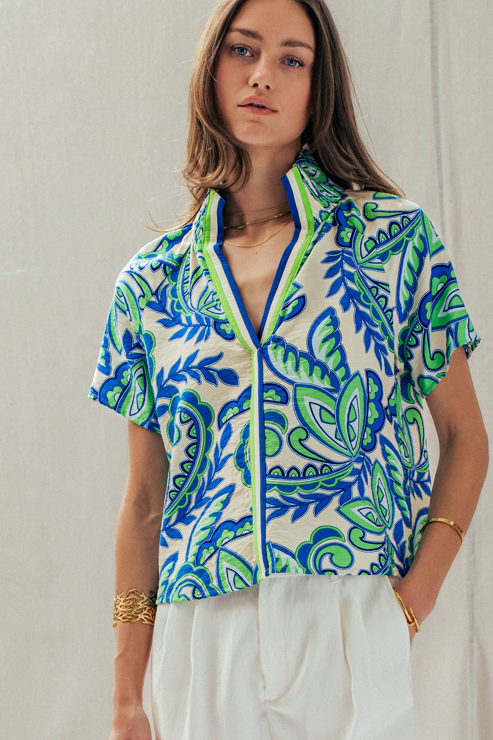Paisley Smocked High-Neck V-Neck Blouse