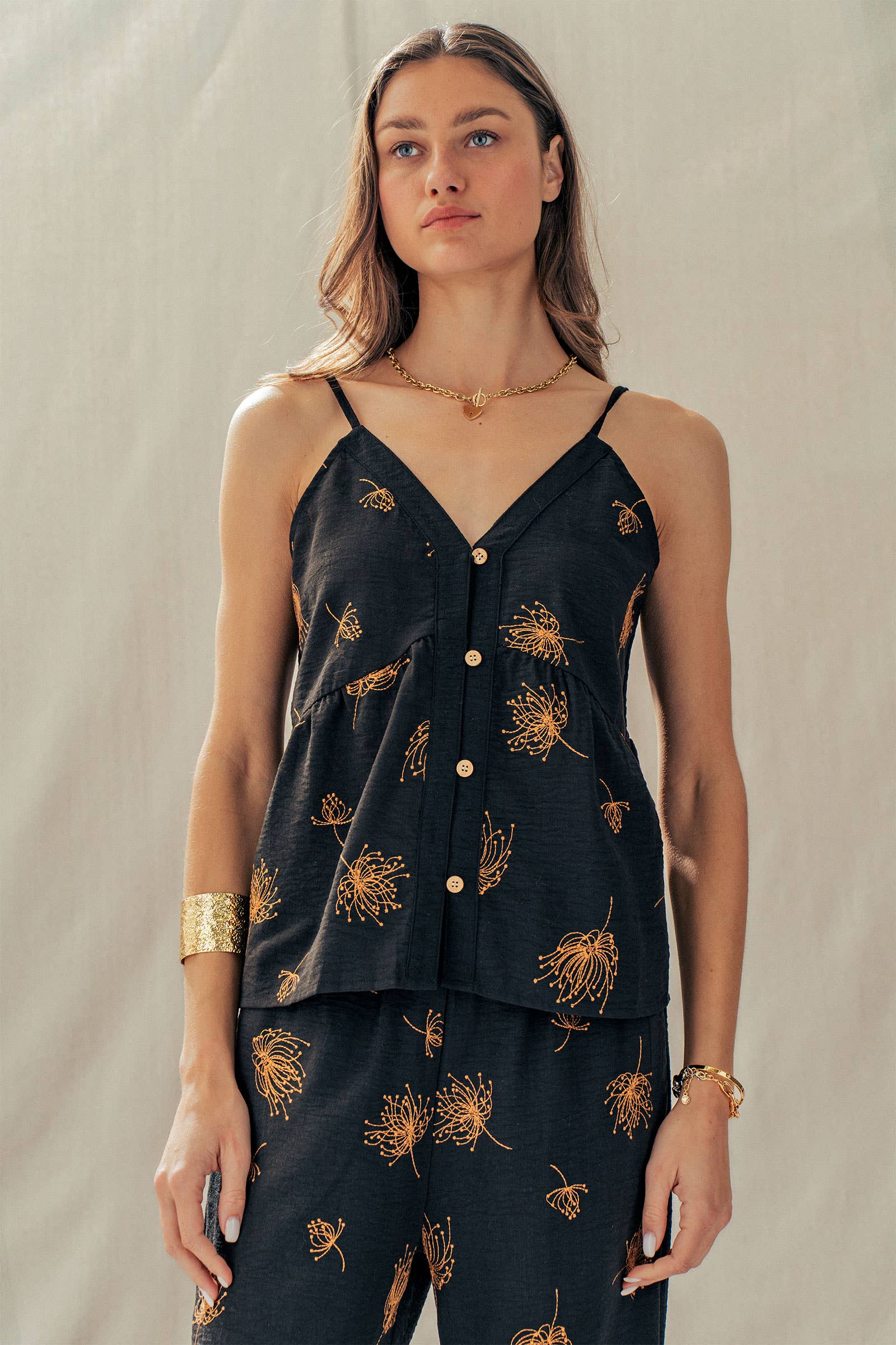 Floral Button-Front Linen Blend Cami Top