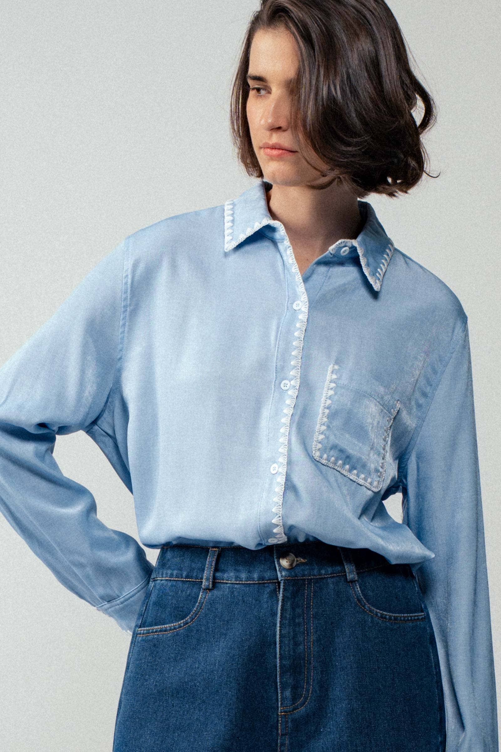 Urban Daizy Smooth Silk Long Sleeve Dress Shirt Denim Button Down Shirt - Women's (UDZ-TP-00735)