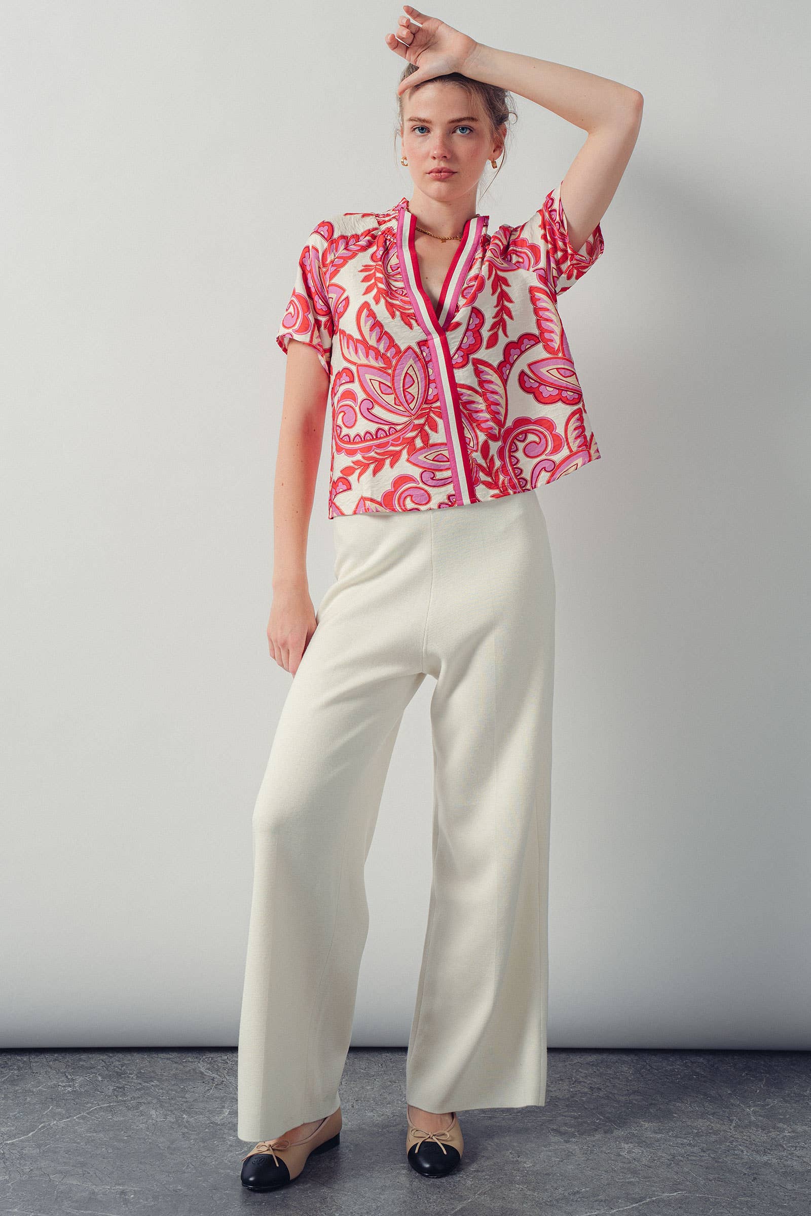 Paisley Smocked High-Neck V-Neck Blouse