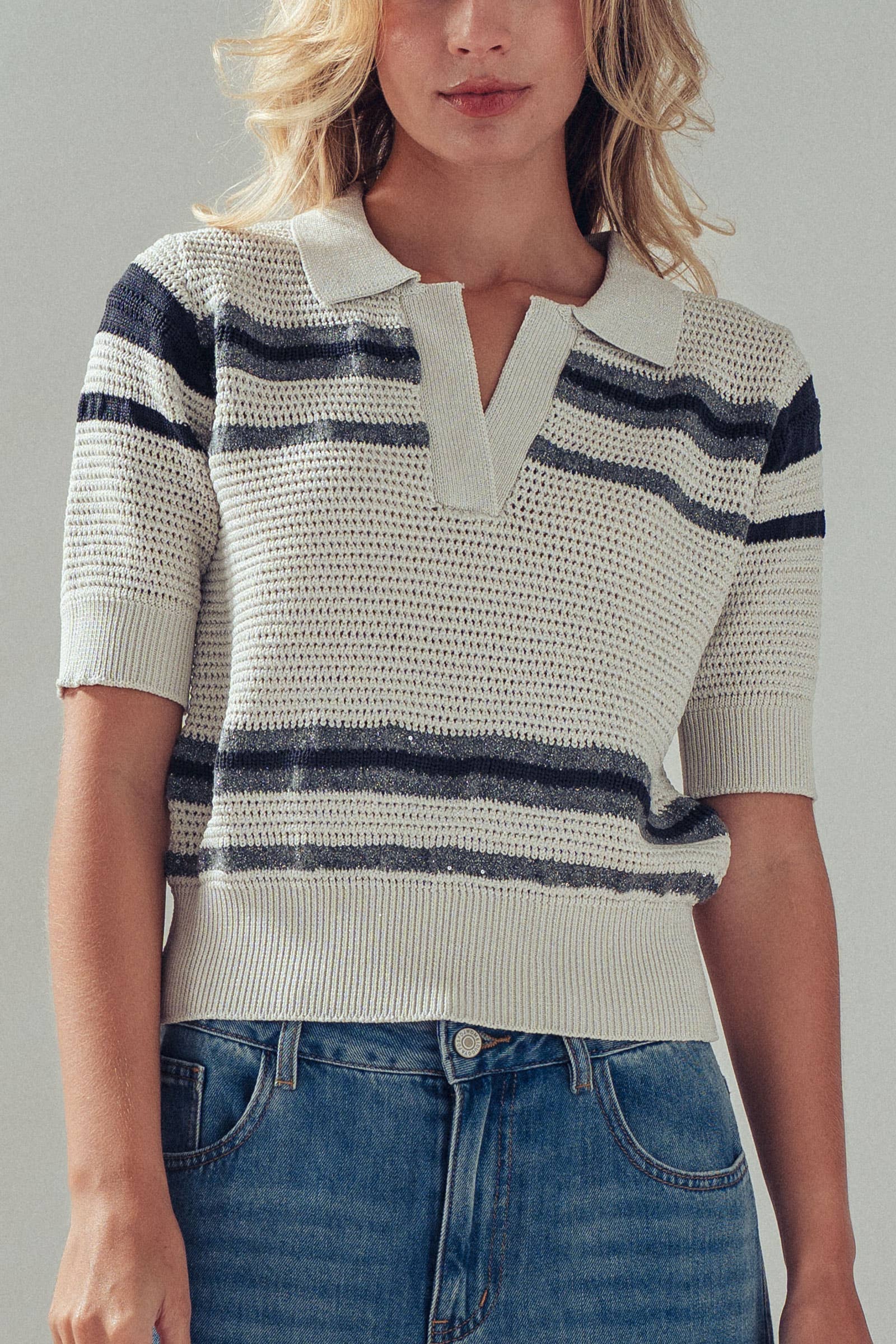 Striped V-Neck Short Sleeve Knit Polo
