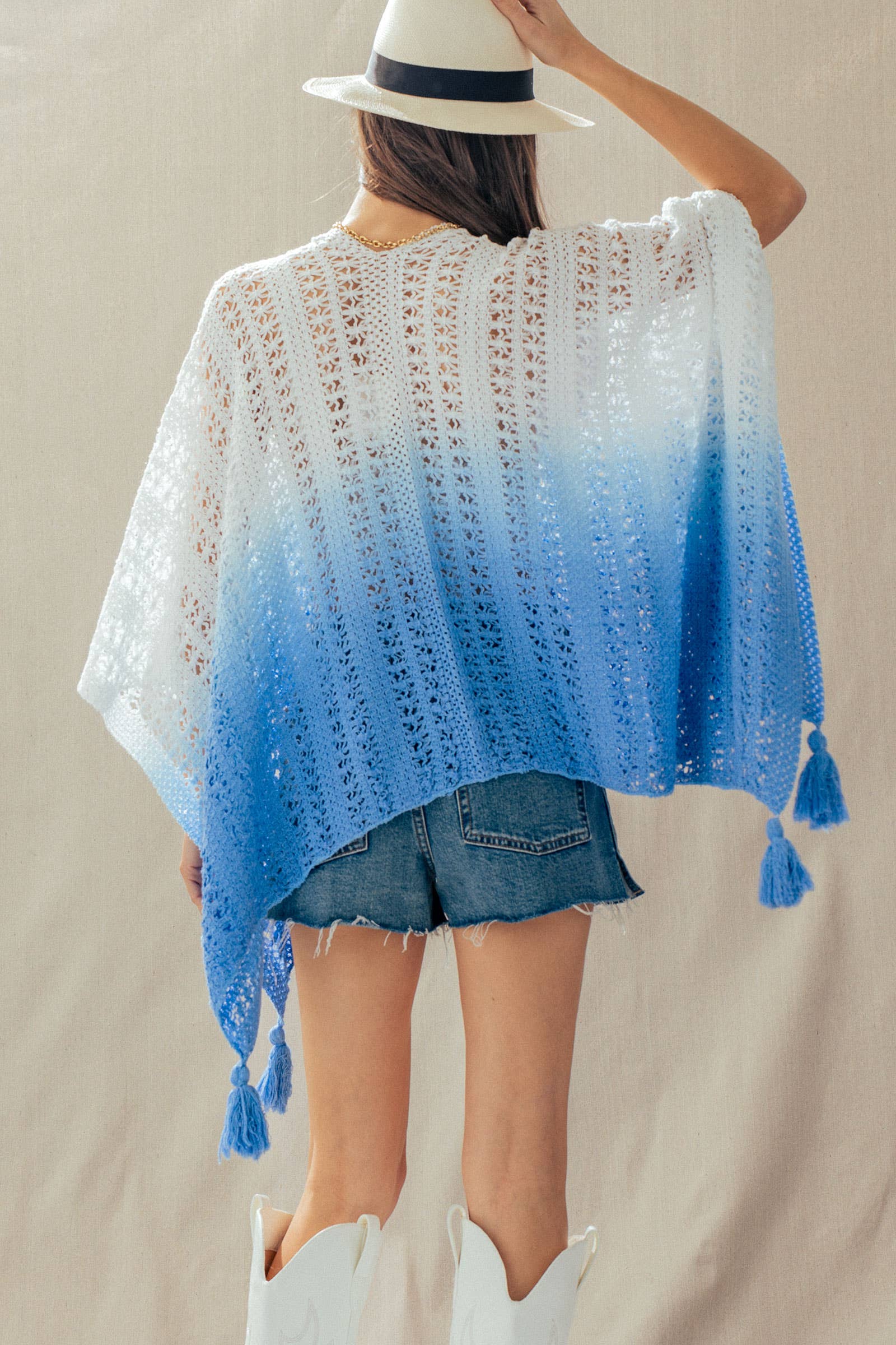 Urban Daizy Ombre Crochet Knit Poncho Tassel Cover-Up Sage Poncho - Women's (UDZ-OT-00492) – alternate view 17