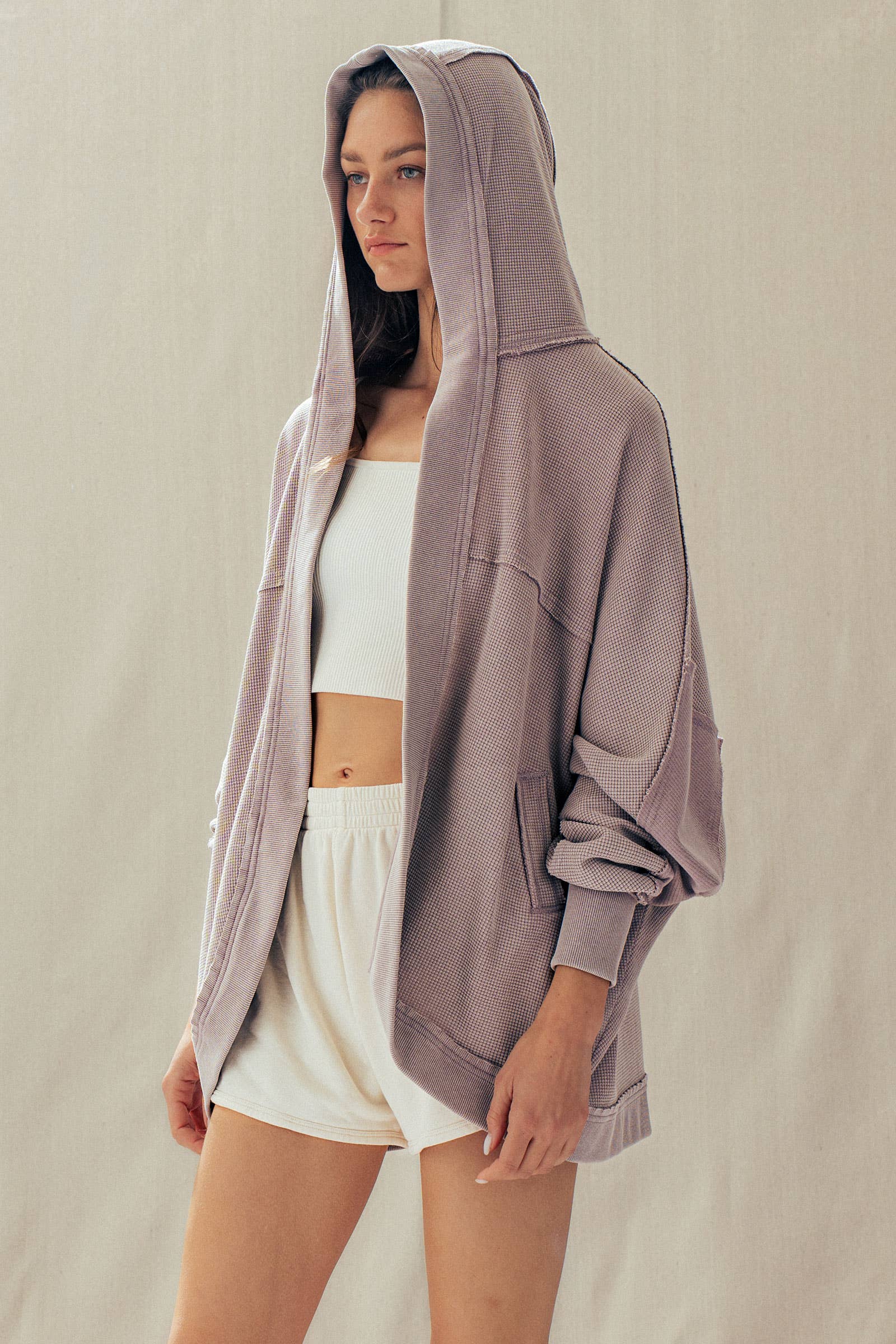 Washed Waffle Knit Hooded Cardigan