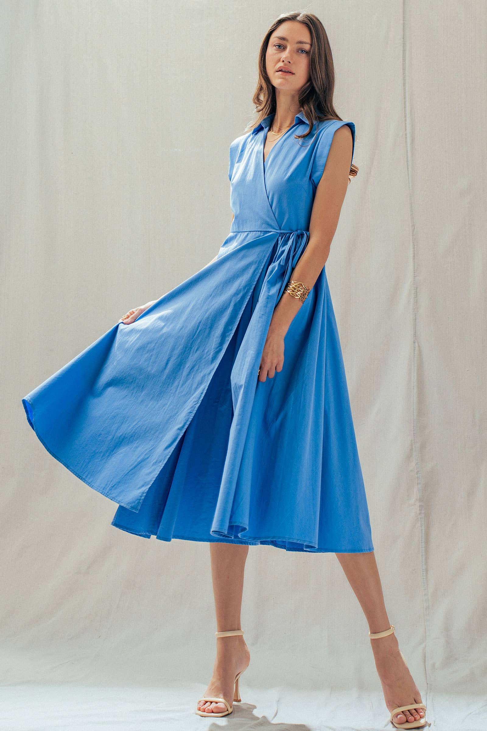 Collared Cap Sleeve Wrap Midi Dress