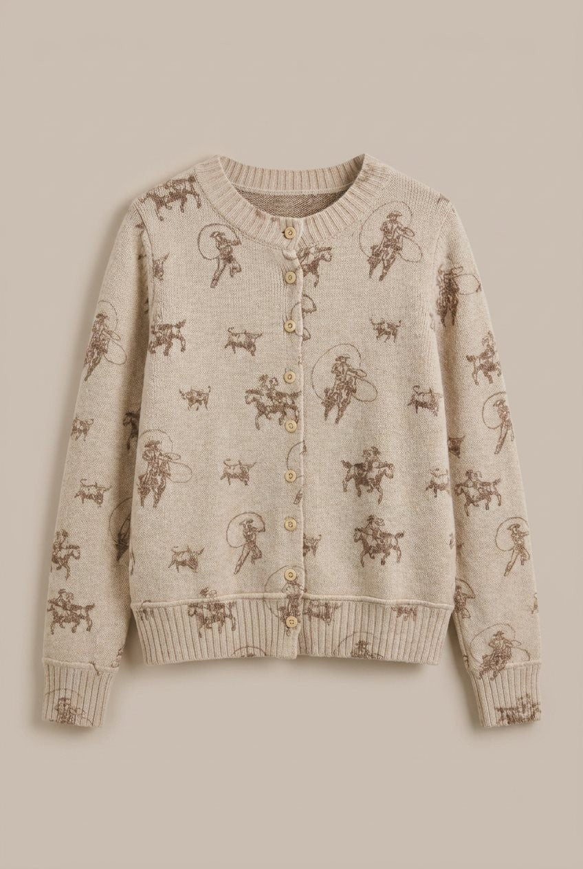 Western Cowboy Print Button Front Cardigan Sweater in KHAKI - Women's Cardigans & Shrugs | Urban Daizy