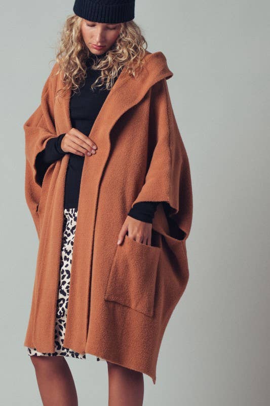 Oversized Cozy Hooded Open Front Knit Poncho