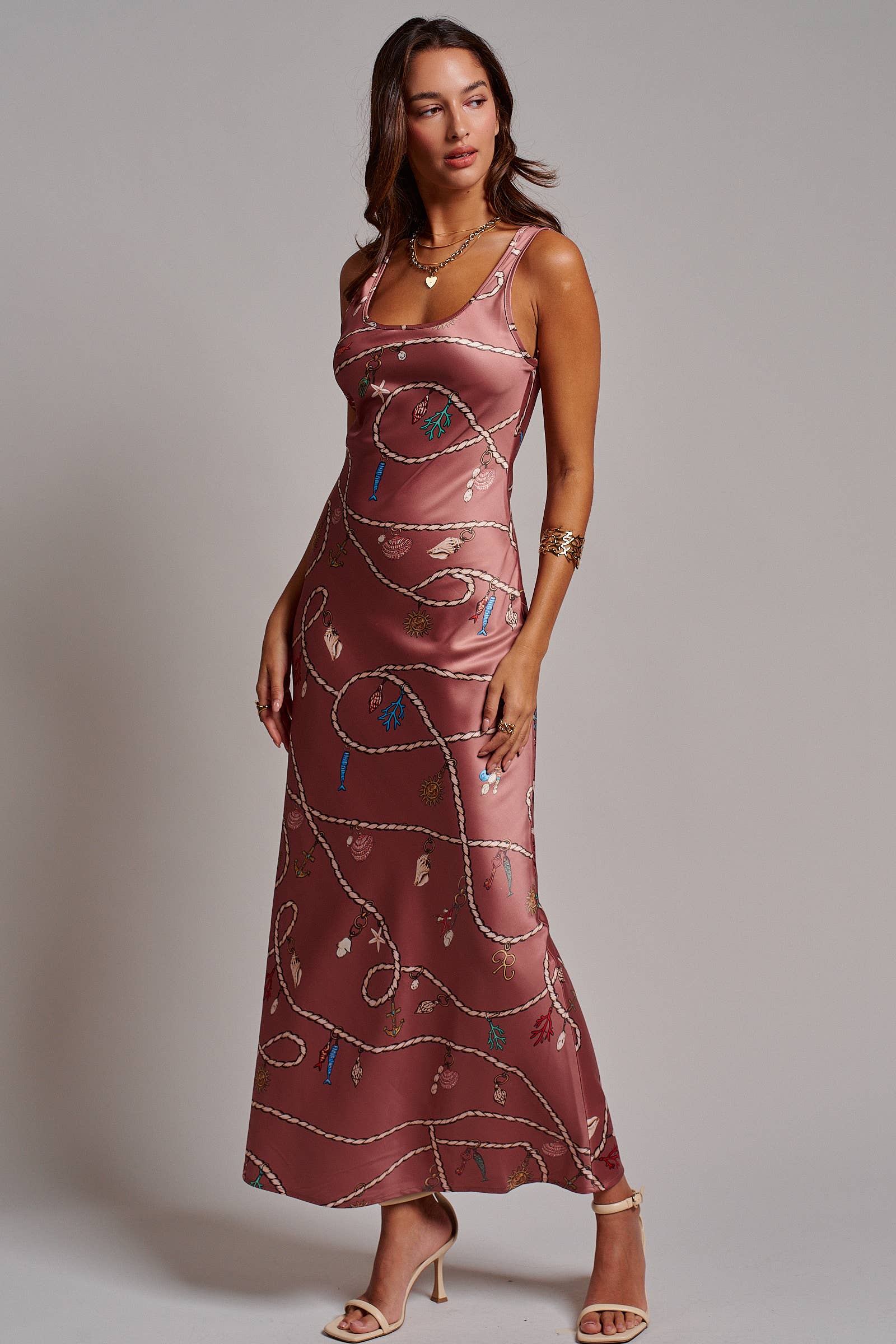 Urban Daizy Coastal Rope Print Satin Slip Midi Dress Brown Dress - Women's (UDDR0360-Brown) – alternate view 3