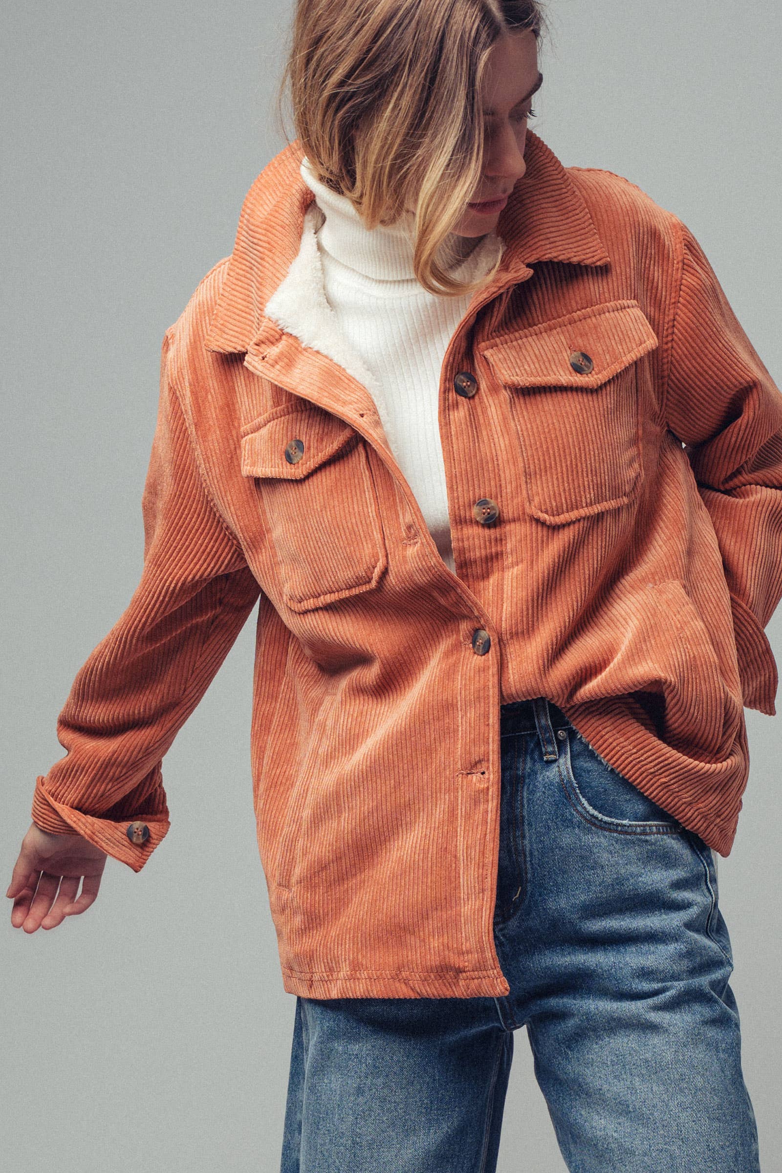 Urban Daizy Oversized Sherpa Lined Corduroy Shacket Beige Shirt Jacket Shacket - Women's (UDZ-OT-00163) – alternate view 2