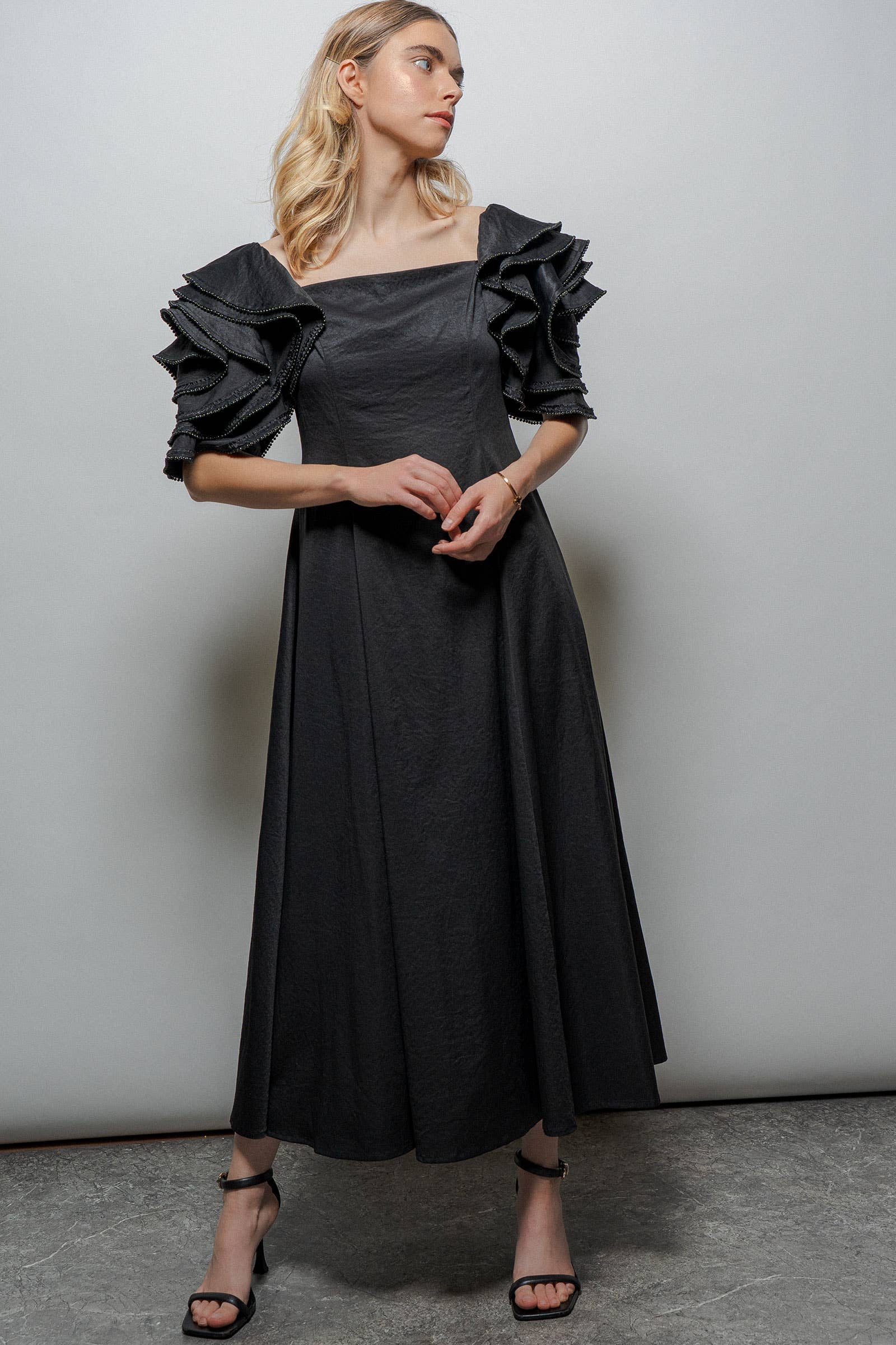 Tiered Ruffle Sleeve Smocked Midi Dress