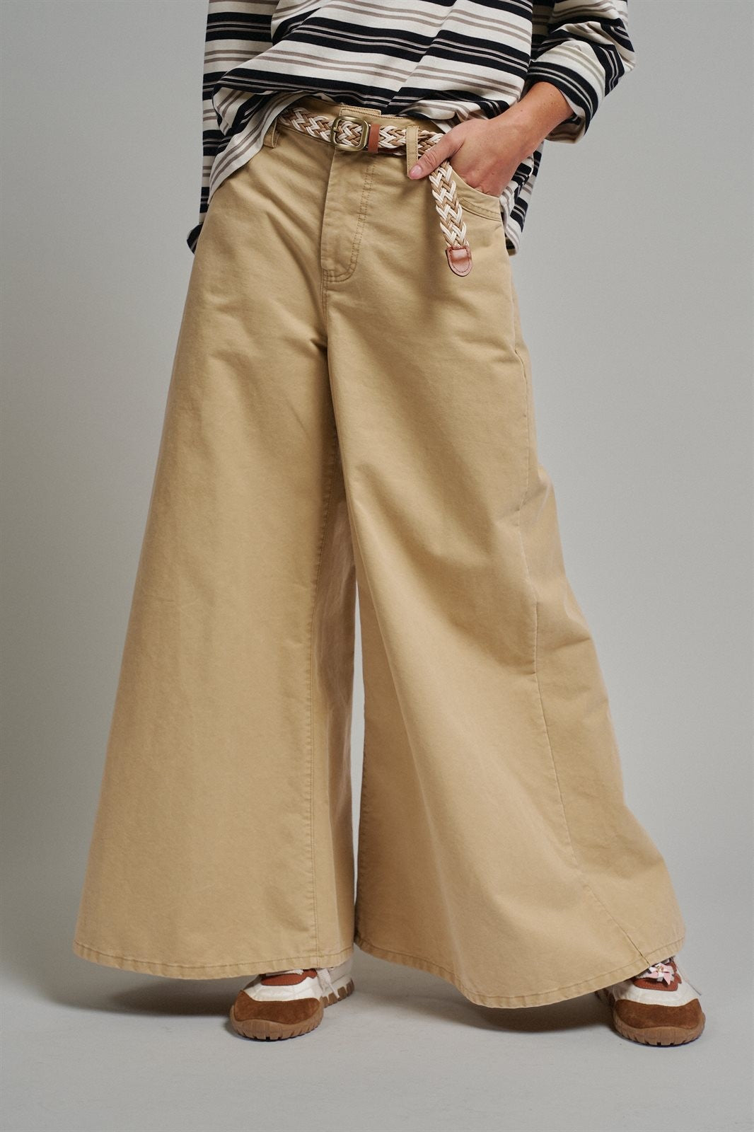 Washed Cotton Wide Leg Palazzo Pants with Woven Belt in KHAKI - Women's Casual Pants | Urban Daizy