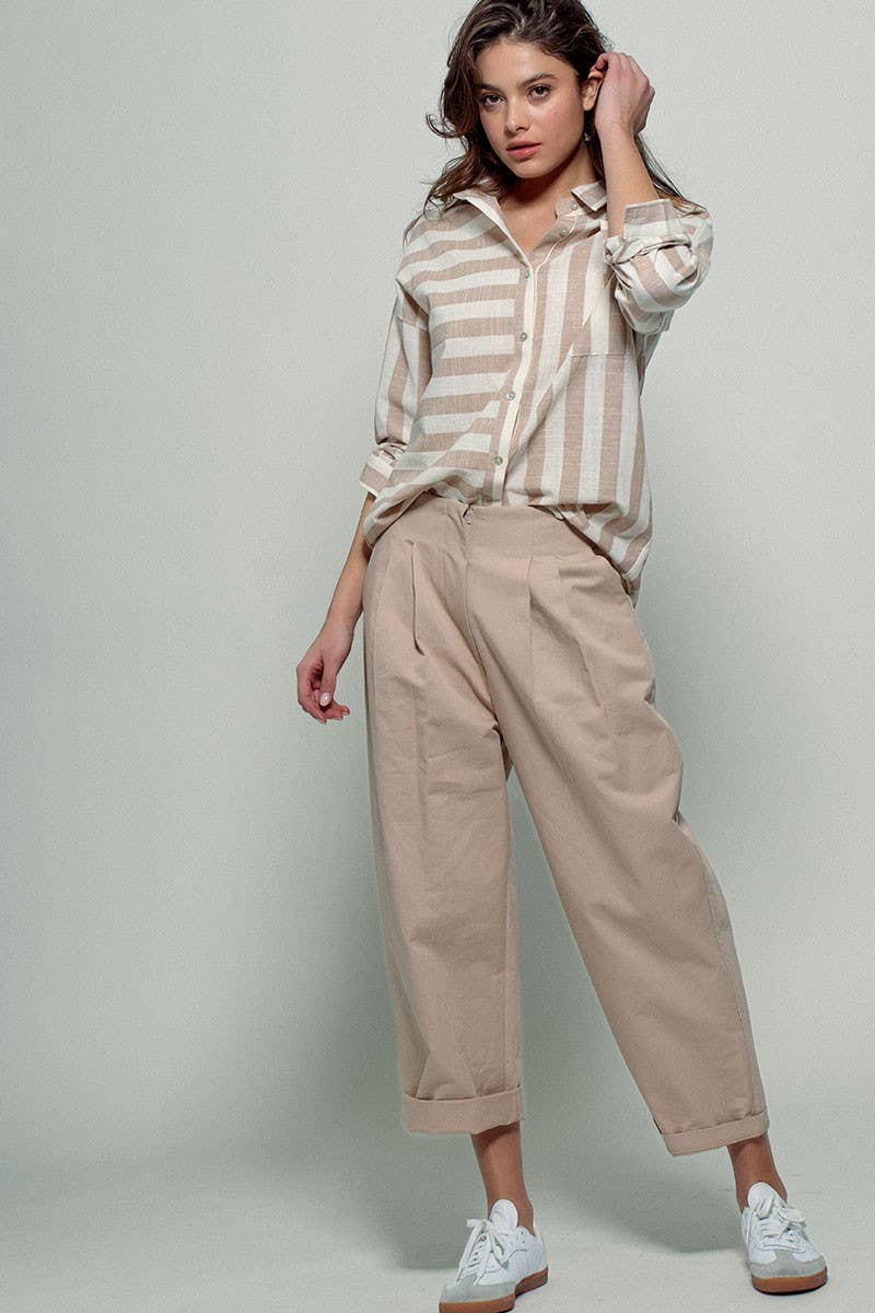 Urban Daizy Mixed Stripe Pattern Oversized Button Down Shirt Taupe Button Down Shirt - Women's (UDZ-TP-00049) – alternate…