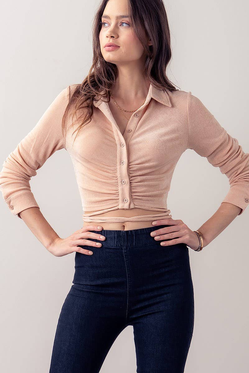 Velour Ruched Button Front Crop Top