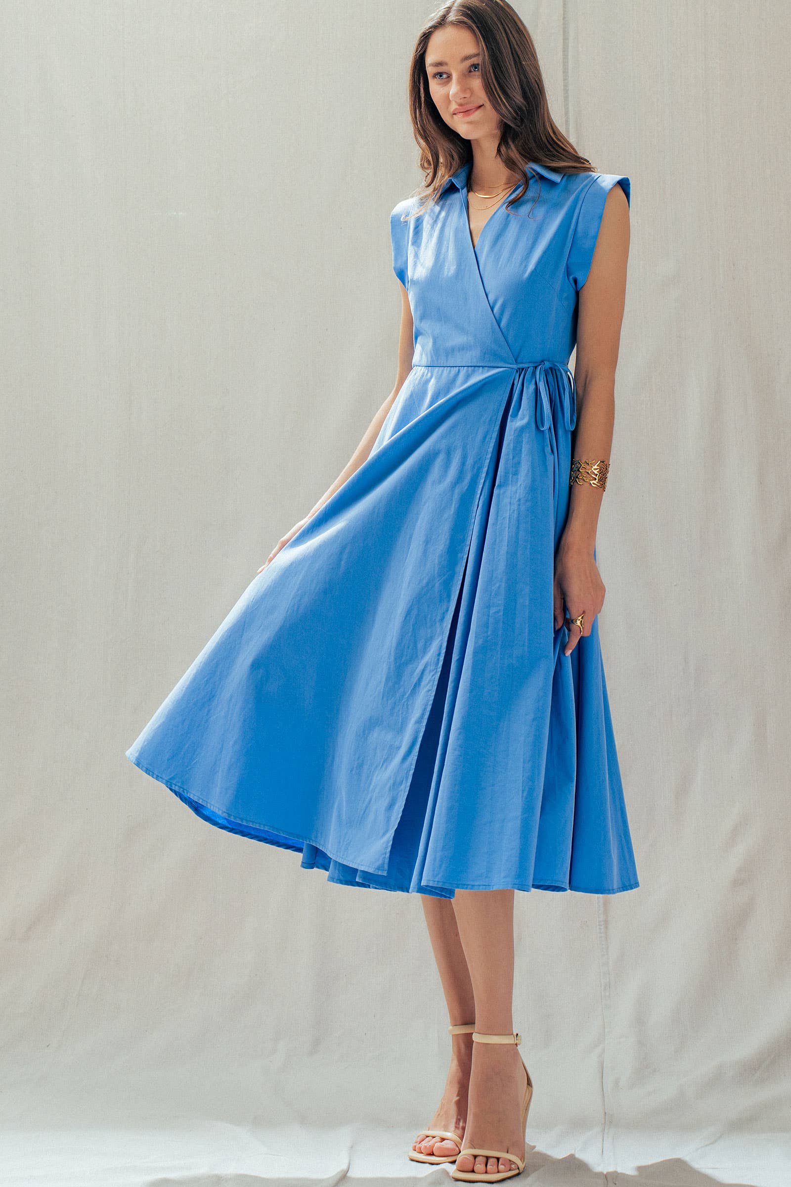 Collared Cap Sleeve Wrap Midi Dress