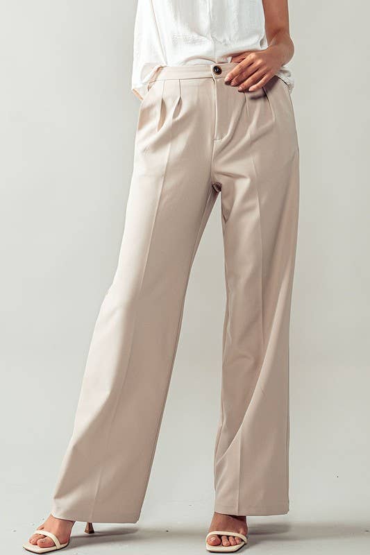 Urban Daizy Contemporary High Waist Pleated Wide Leg Trousers Beige Pants - Women's (UDZ-PT-00272) – alternate view 6