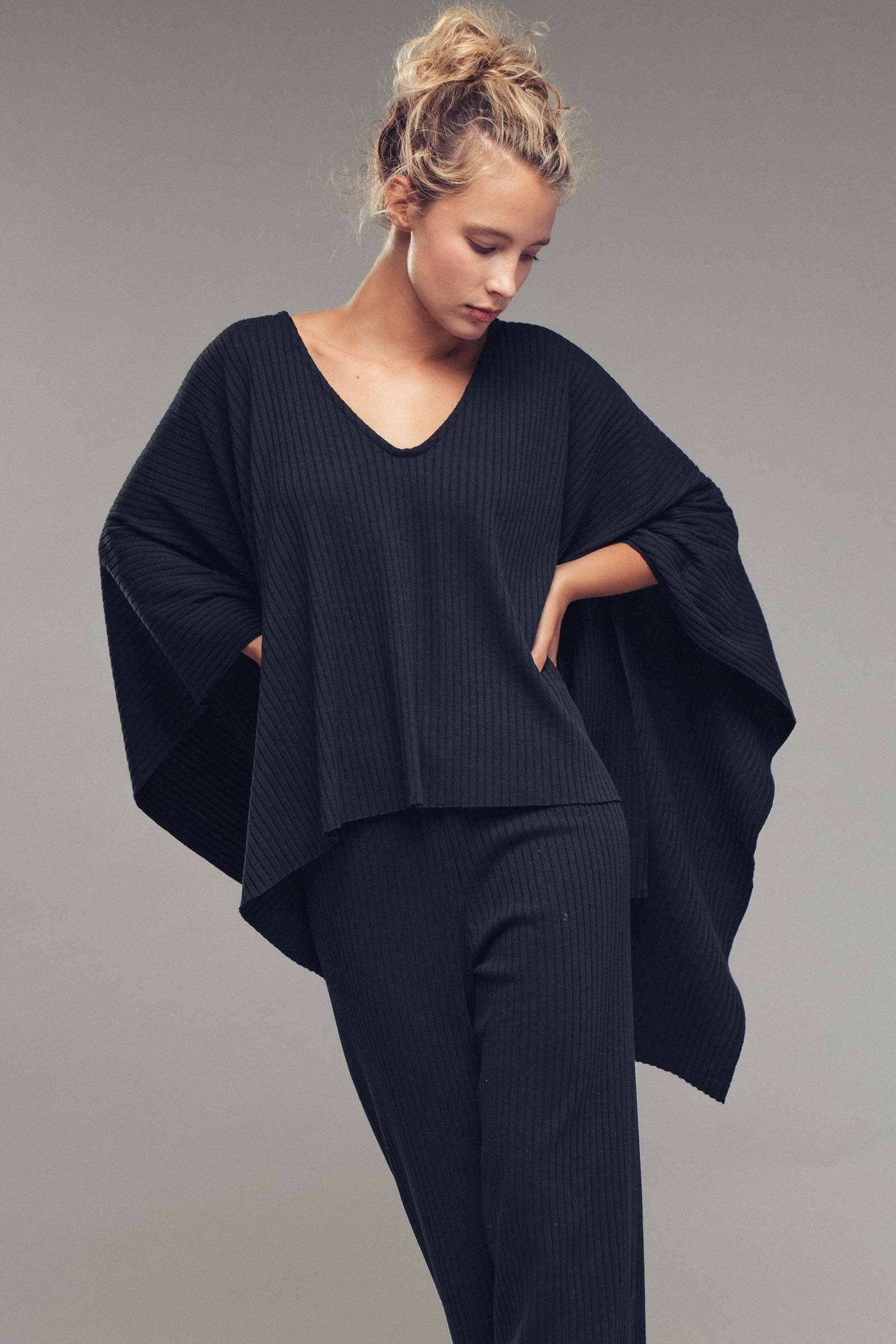 Ribbed Knit Poncho and Pants Set