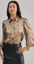 Metallic Shimmer Button Down Blouse with Puff Sleeves in GOLD - Women's Shirts & Blouses | Urban Daizy