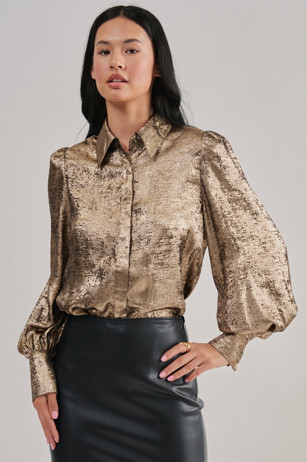 Metallic Shimmer Button Down Blouse with Puff Sleeves in GOLD - Women's Shirts & Blouses | Urban Daizy
