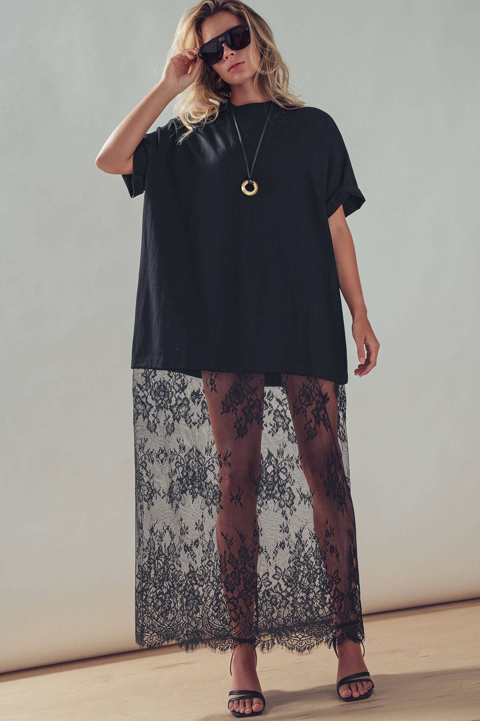 Mixed-Media T-Shirt Dress with Sheer Lace Skirt