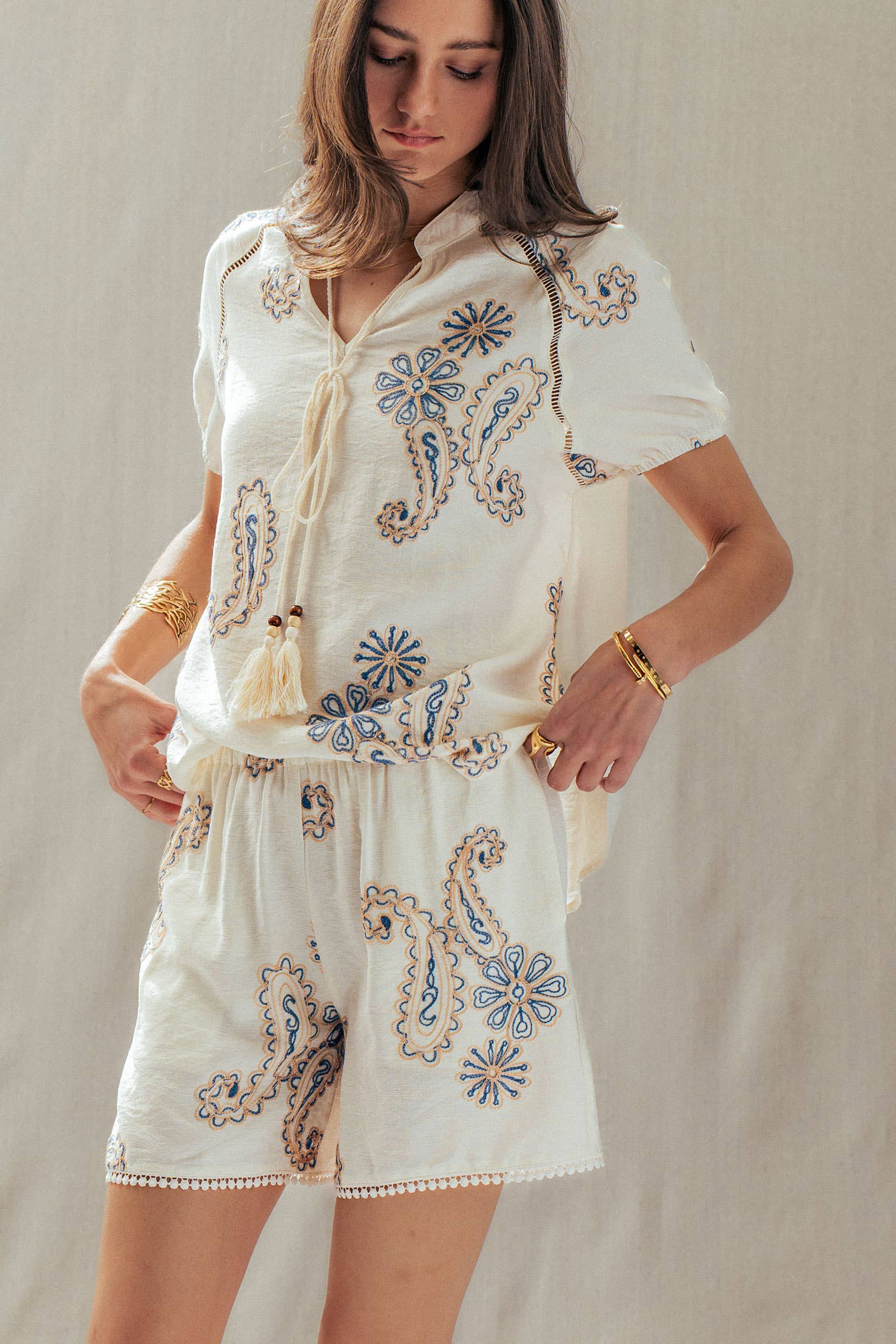 Paisley Embroidered Linen Blend Shorts