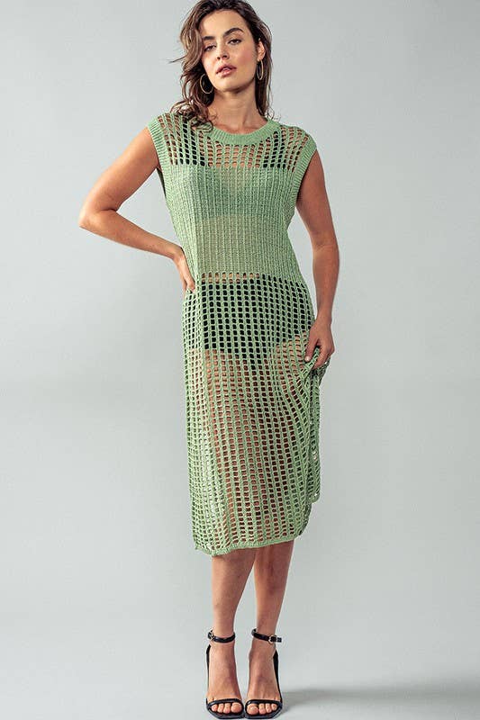 Crochet Knit Hollow Out Cap Sleeve Maxi Dress