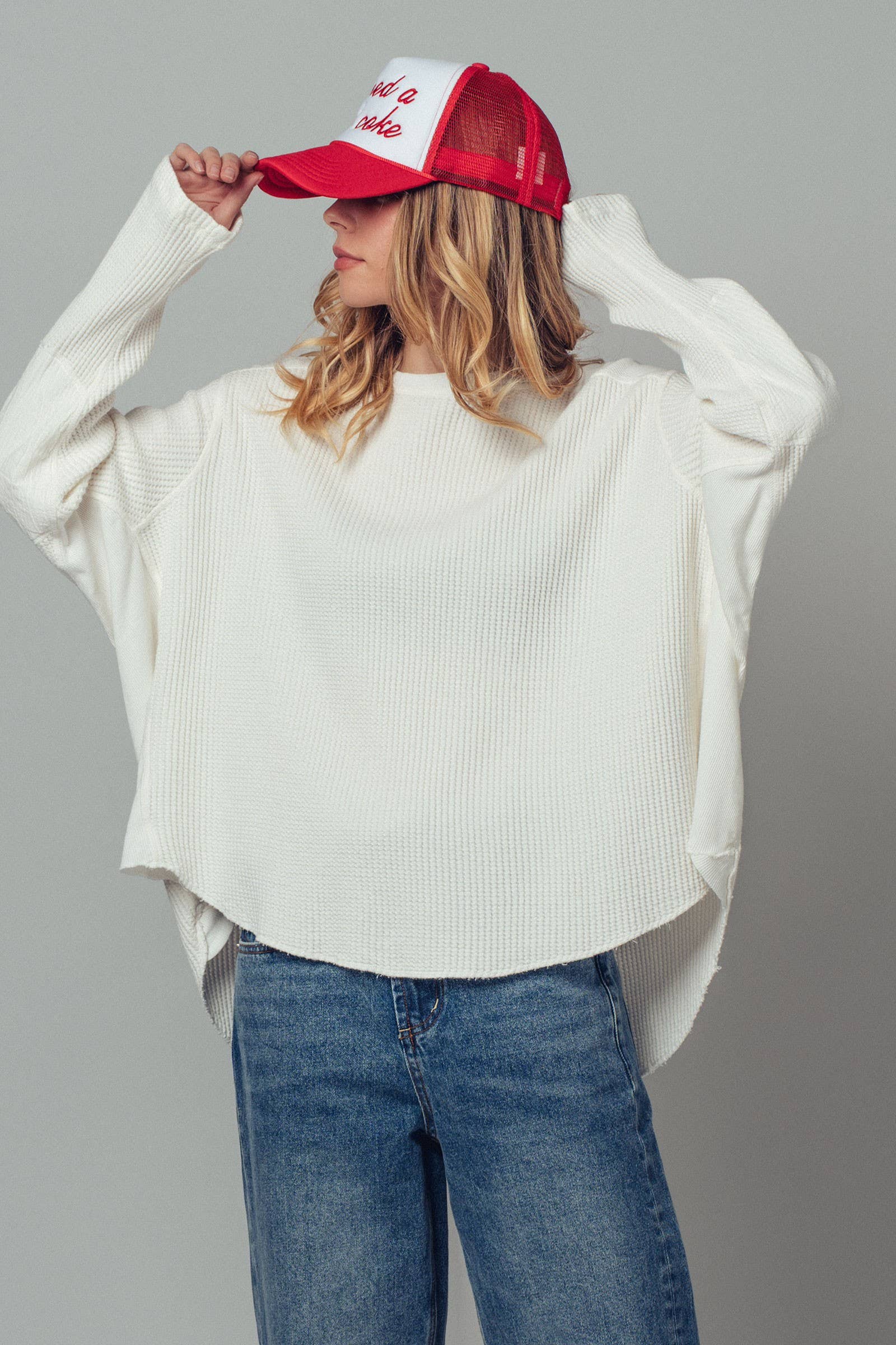 Oversized Waffle Knit High-Low Tunic Top