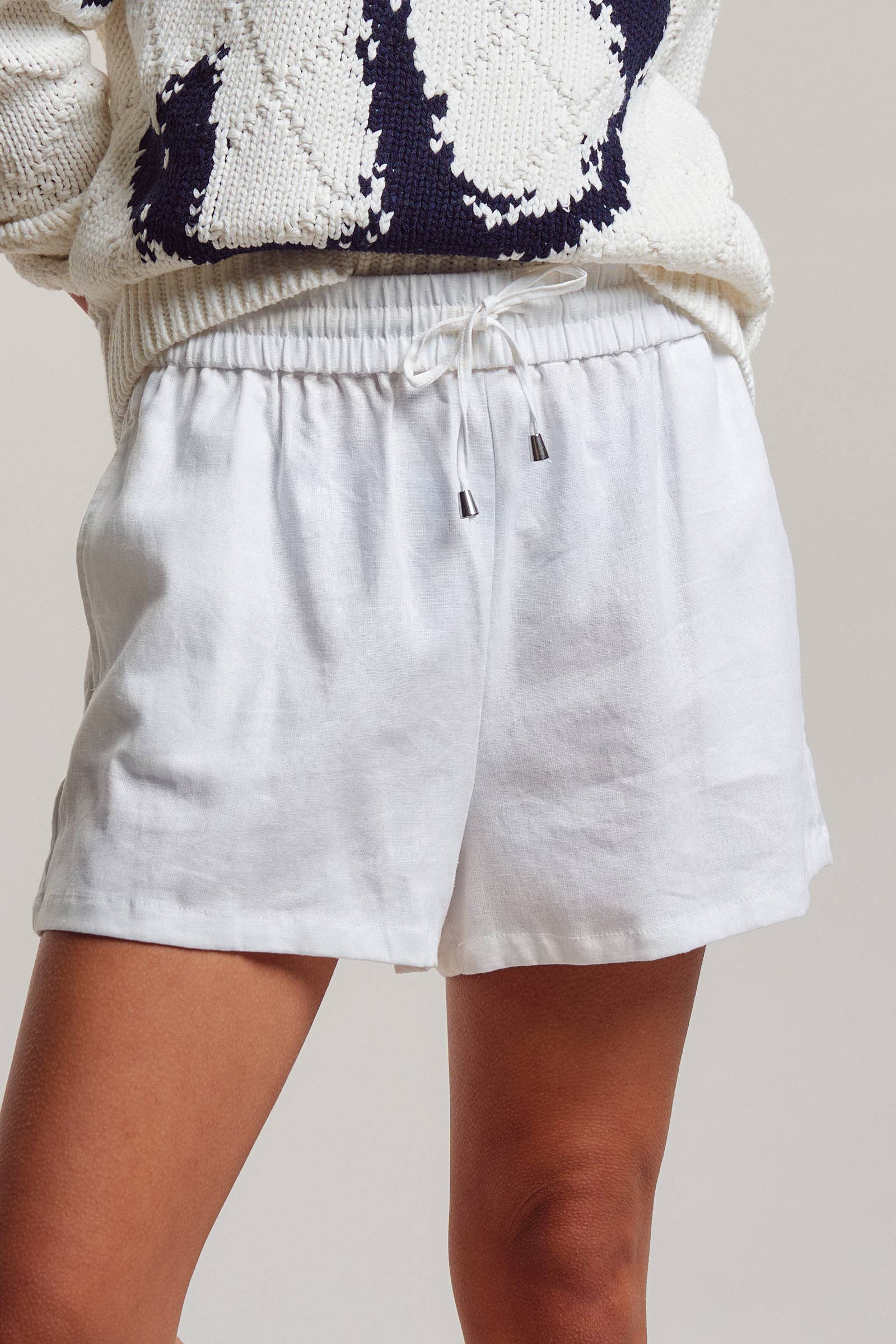 Linen Blend Elastic Waist Drawstring Shorts