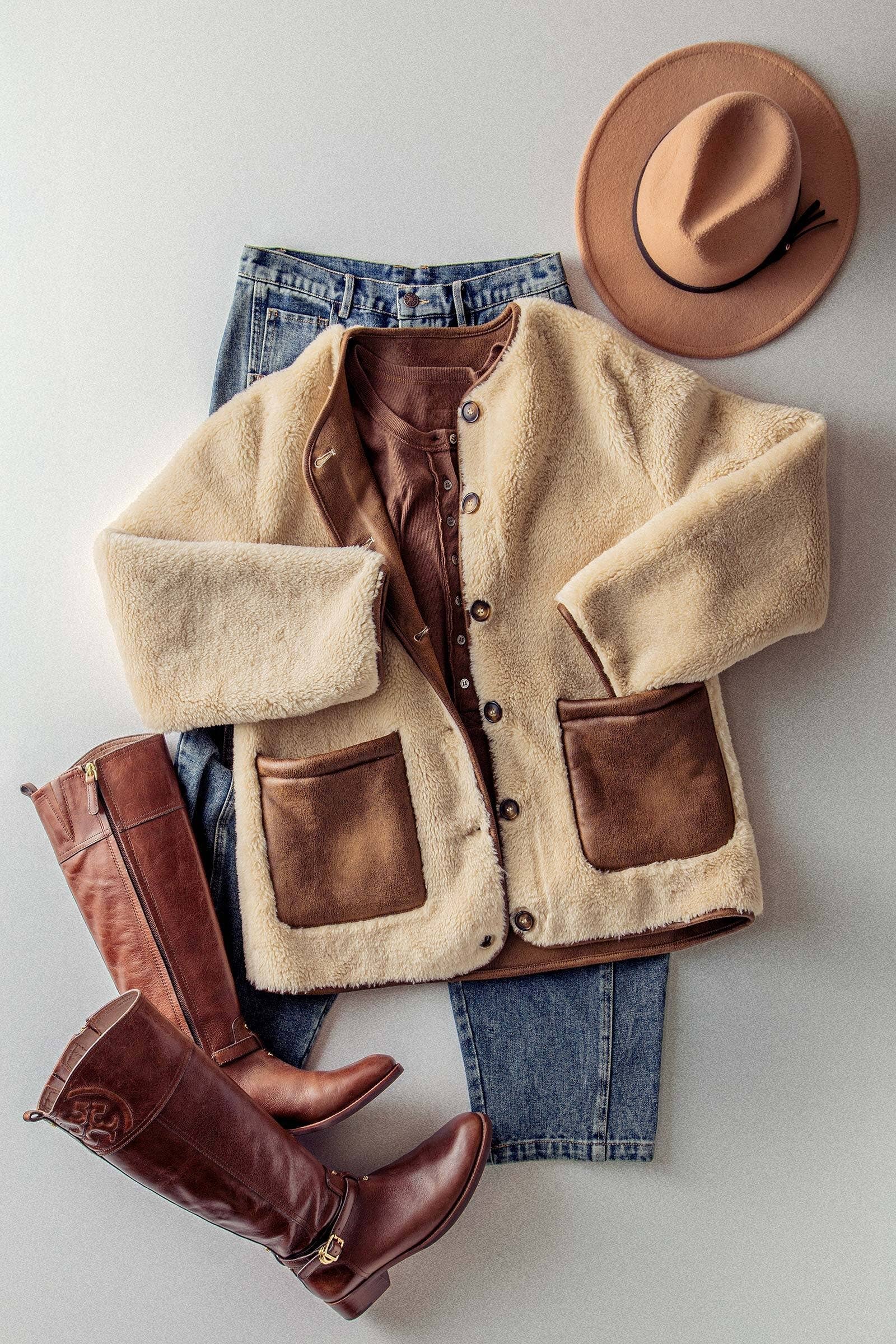 Faux Shearling Jacket with Suede Pockets