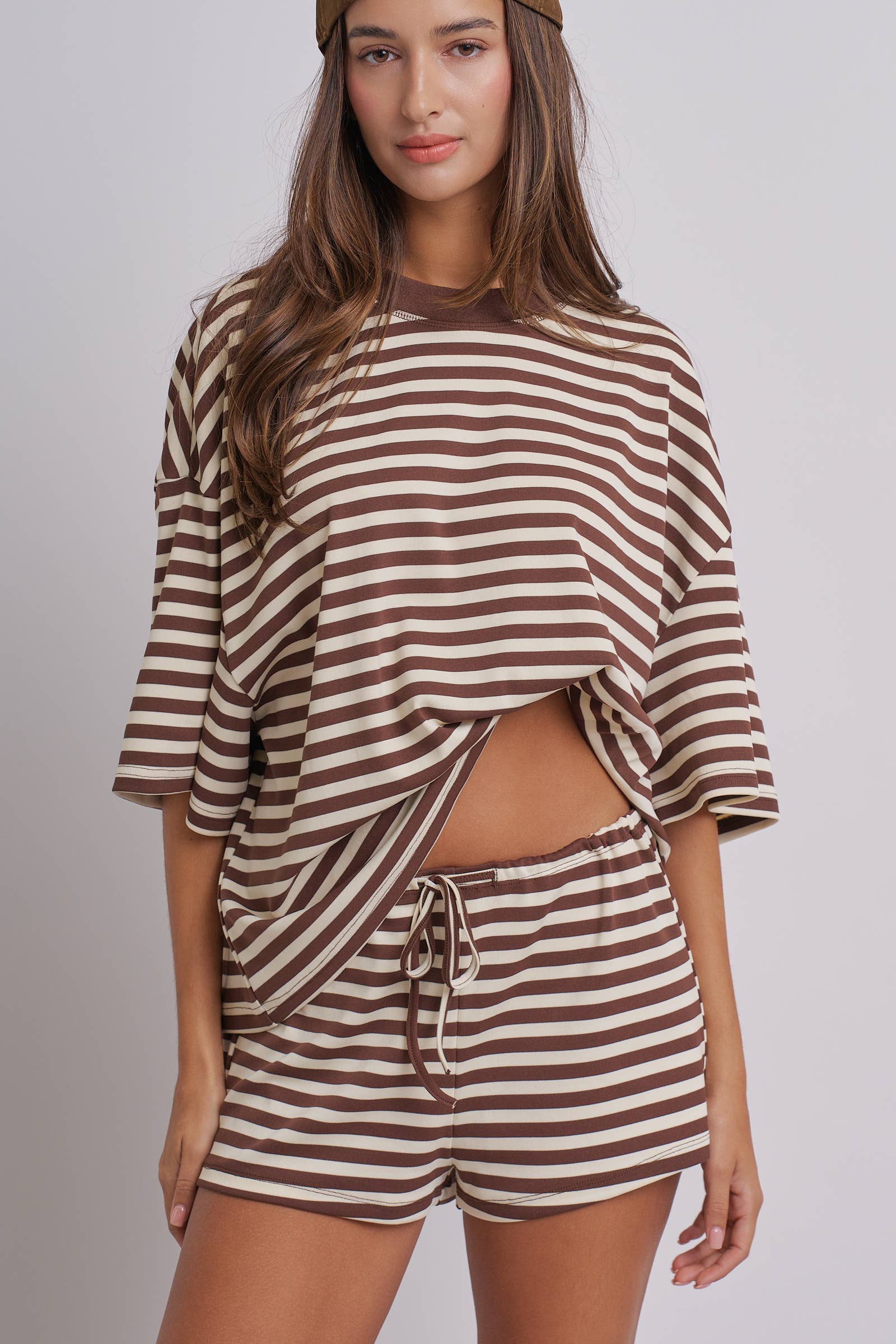 Oversized Striped Contrast Neck Boxy Tee