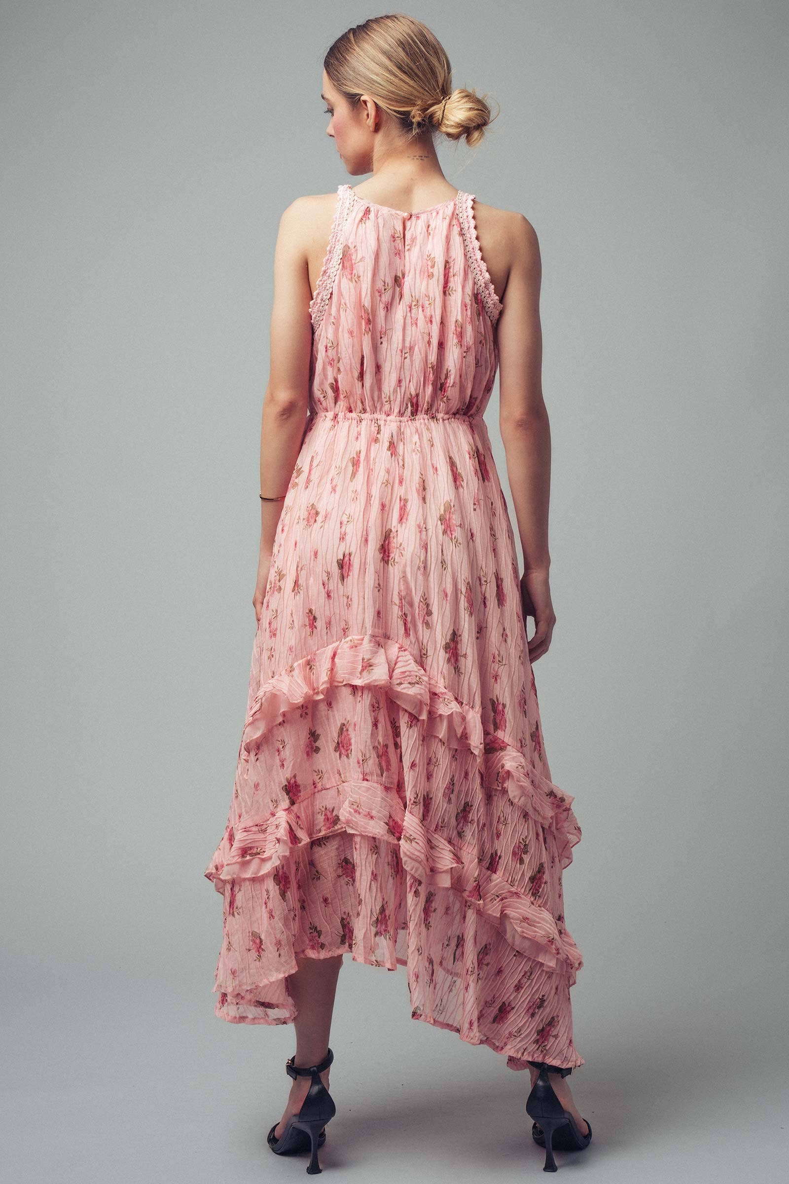 Floral Print Tiered Ruffle Crinkle Chiffon Dress