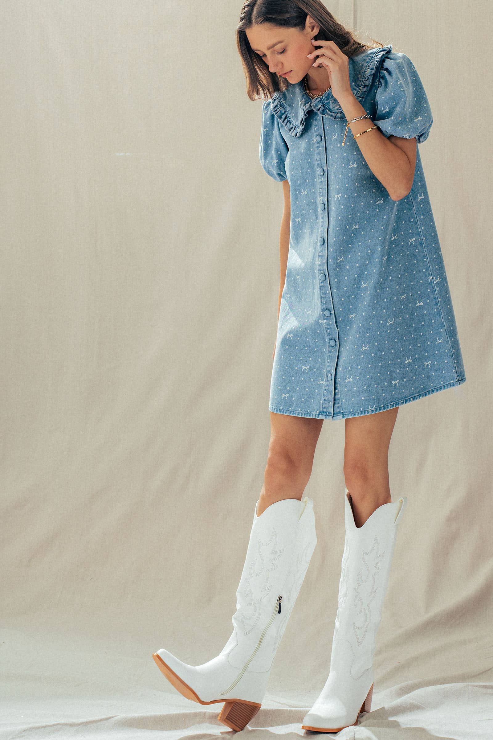 Bow Print Denim Mini Dress Ruffle Collar