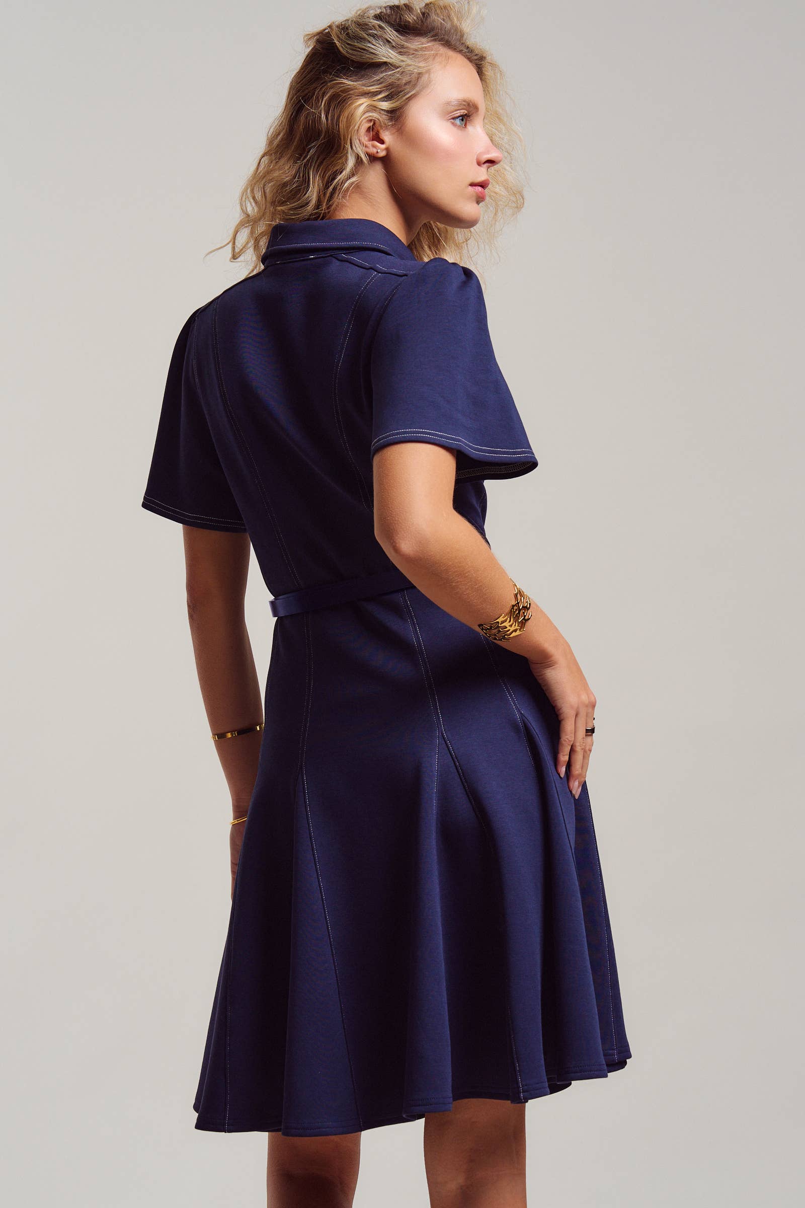 Contrast Stitch Zip Front Knit Mini Dress Belted