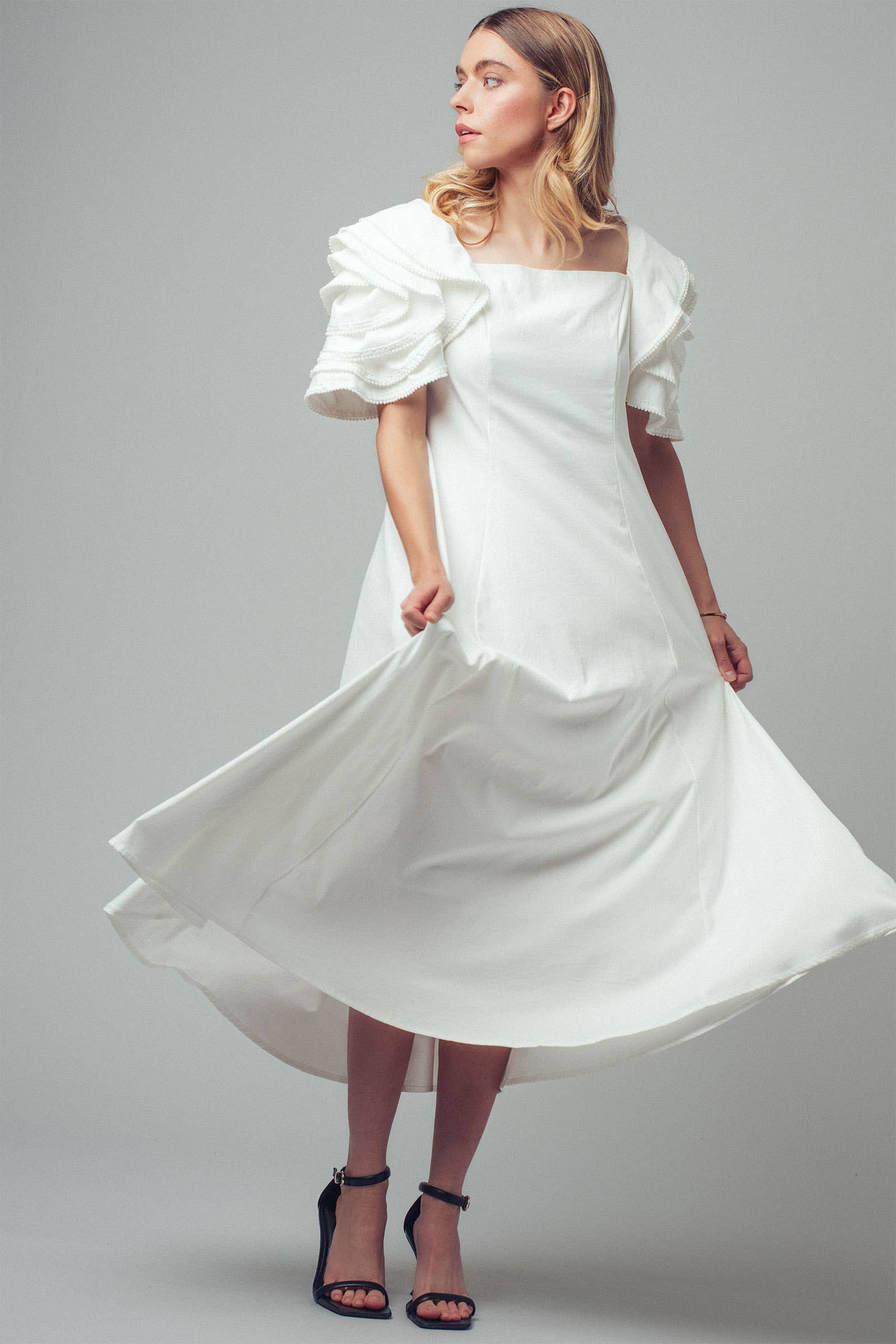 Tiered Ruffle Sleeve Smocked Midi Dress