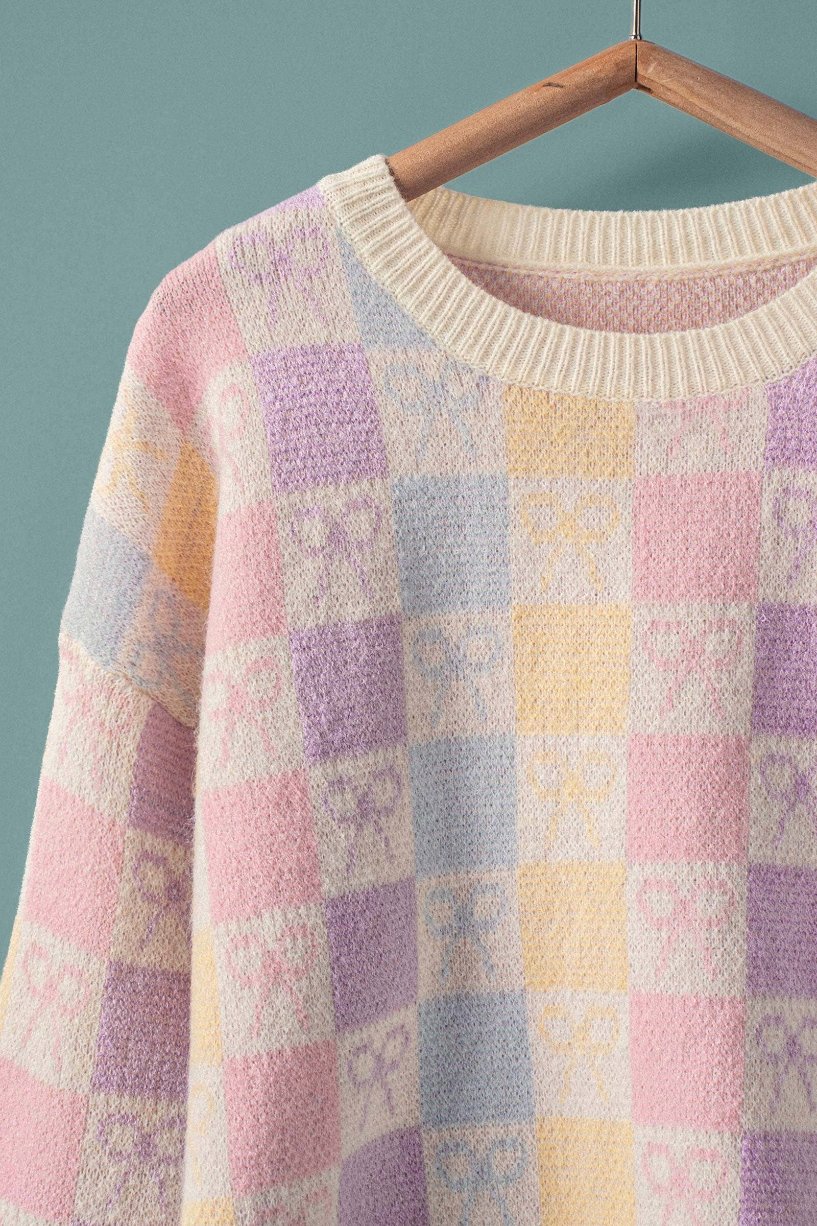 Urban Daizy Pastel Checkered Coquette Bow Knit Sweater Pastel Knit Sweater - Women's (UDZ-KN-00553) – alternate view 3