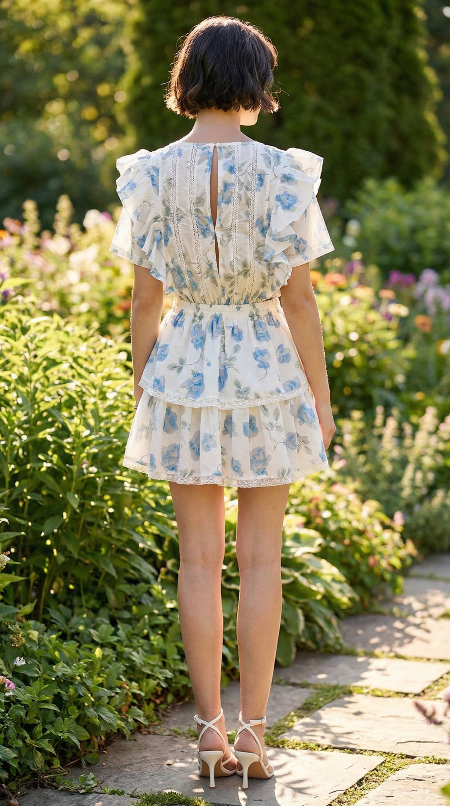 White Blue Floral Ruffle Sleeve Tiered Mini Dress