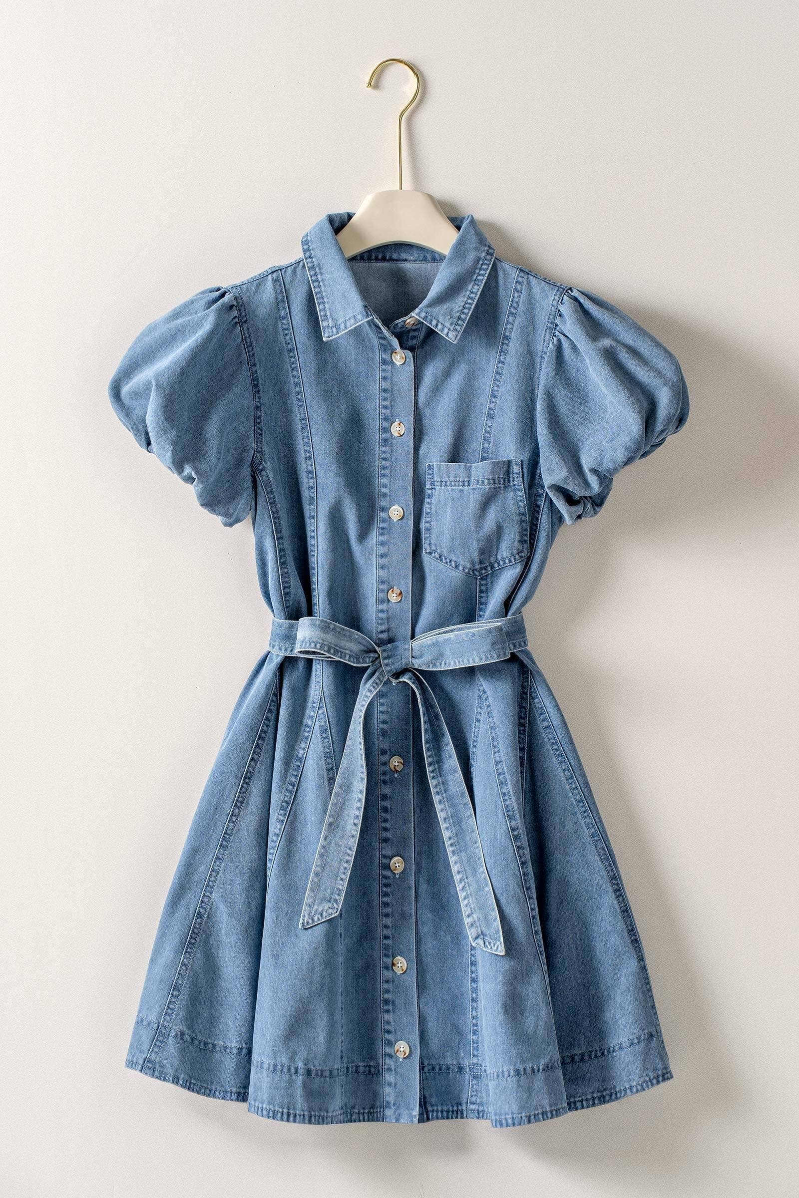Urban Daizy Belted Puff Sleeve Button Front Denim Dress Denim Dress - Women's (UDDR0344)