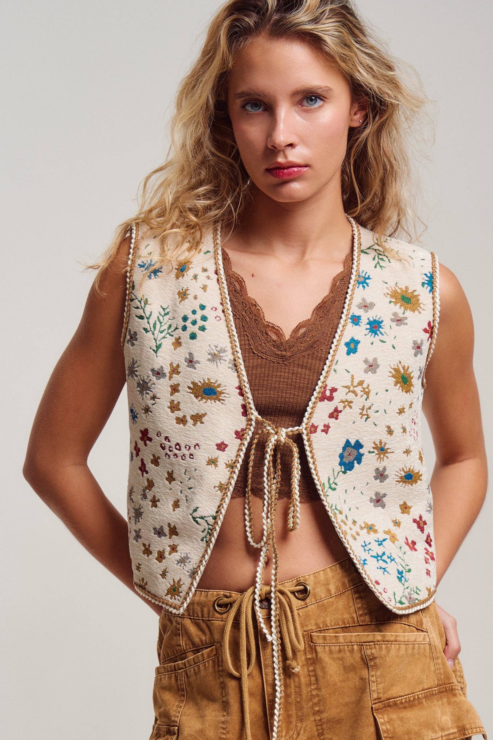 Urban Daizy Floral Tapestry Tie-Front Boho Vest Beige-Multi Outerwear Vest - Women's (UDOW0299-Beige-Multi) – alternate view 3
