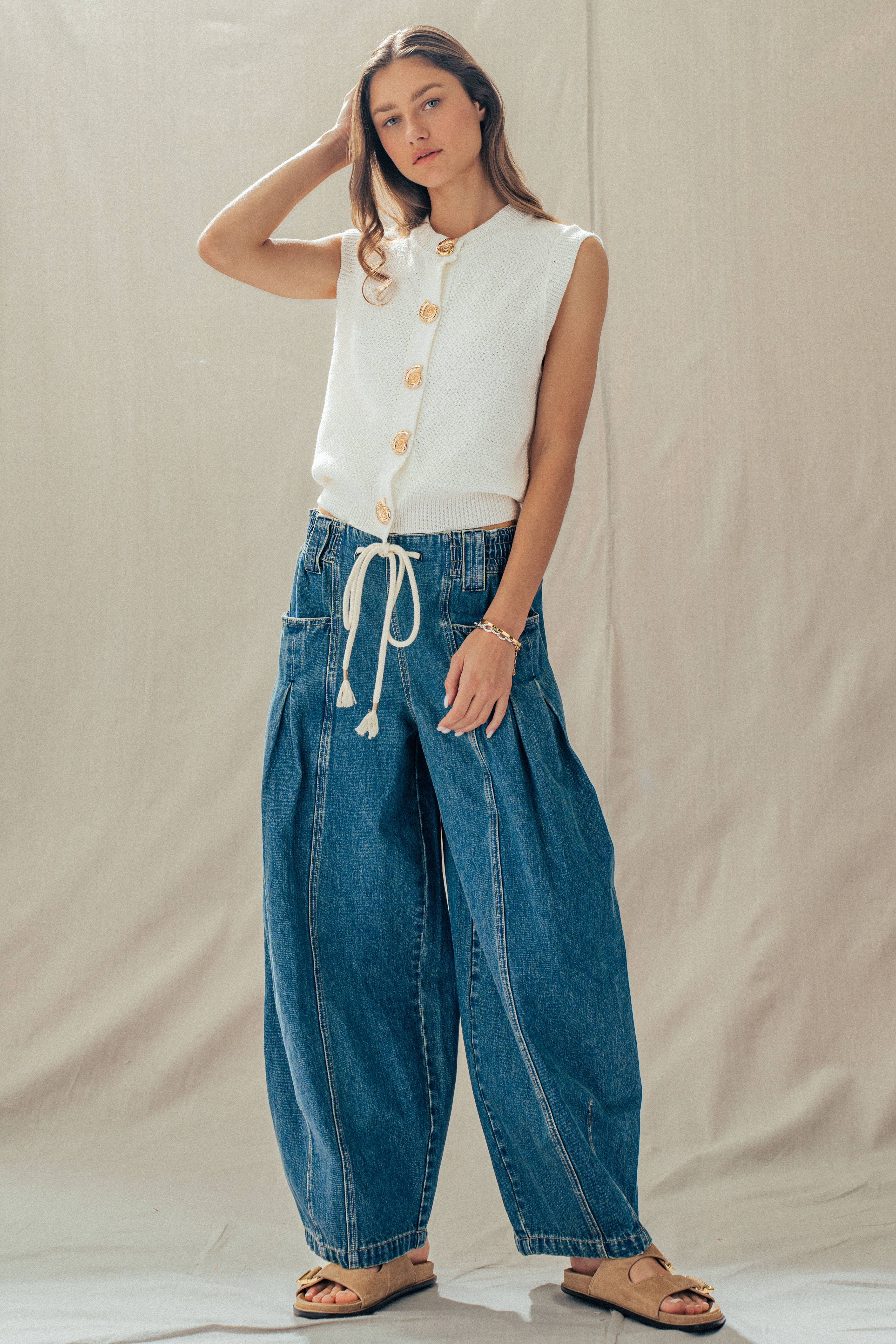 Rope Drawstring Balloon Pants Pleated Front