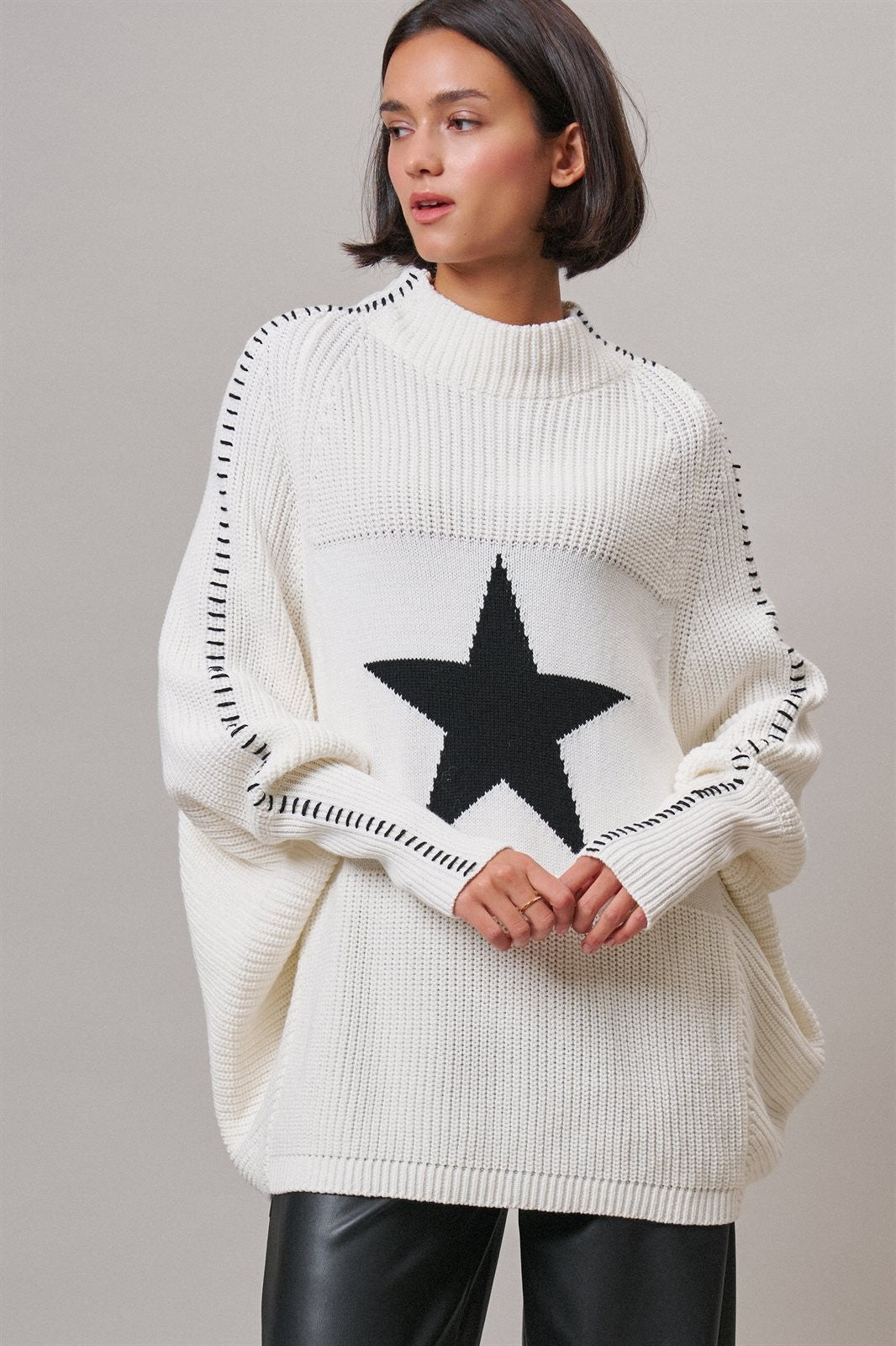 Star Intarsia Mock Neck Sweater in IVORY - Women's Sweaters | Urban Daizy